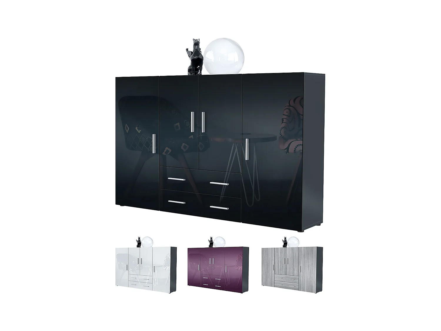 Le Buffet Haut Nora bahut avec 2 tiroirs et 4 portes avec un total de 8 compartiments derrière, anthracite mat/bordeaux haute brillance (166,5 x 106,5 x 35 cm)