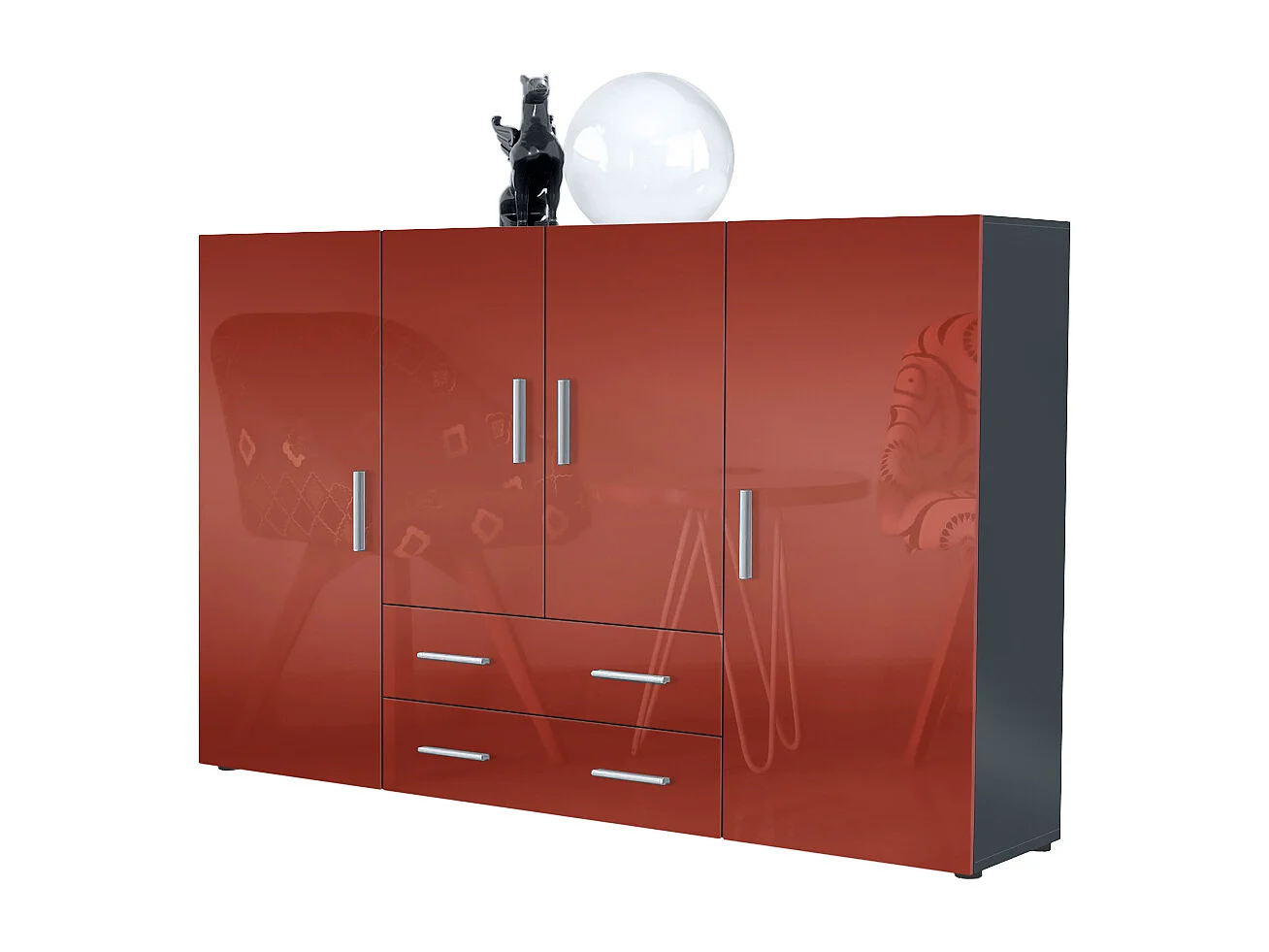 Highboard Nora Sideboard with 2 drawers and 4 doors with a total of 8 compartments behind, antracite opaco /bordeaux lucido (166.5 x 106.5 x 35 cm)