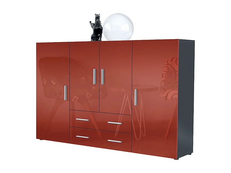 Le Buffet Haut Nora bahut avec 2 tiroirs et 4 portes avec un total de 8 compartiments derrière, anthracite mat/bordeaux haute brillance (166,5 x 106,5 x 35 cm)