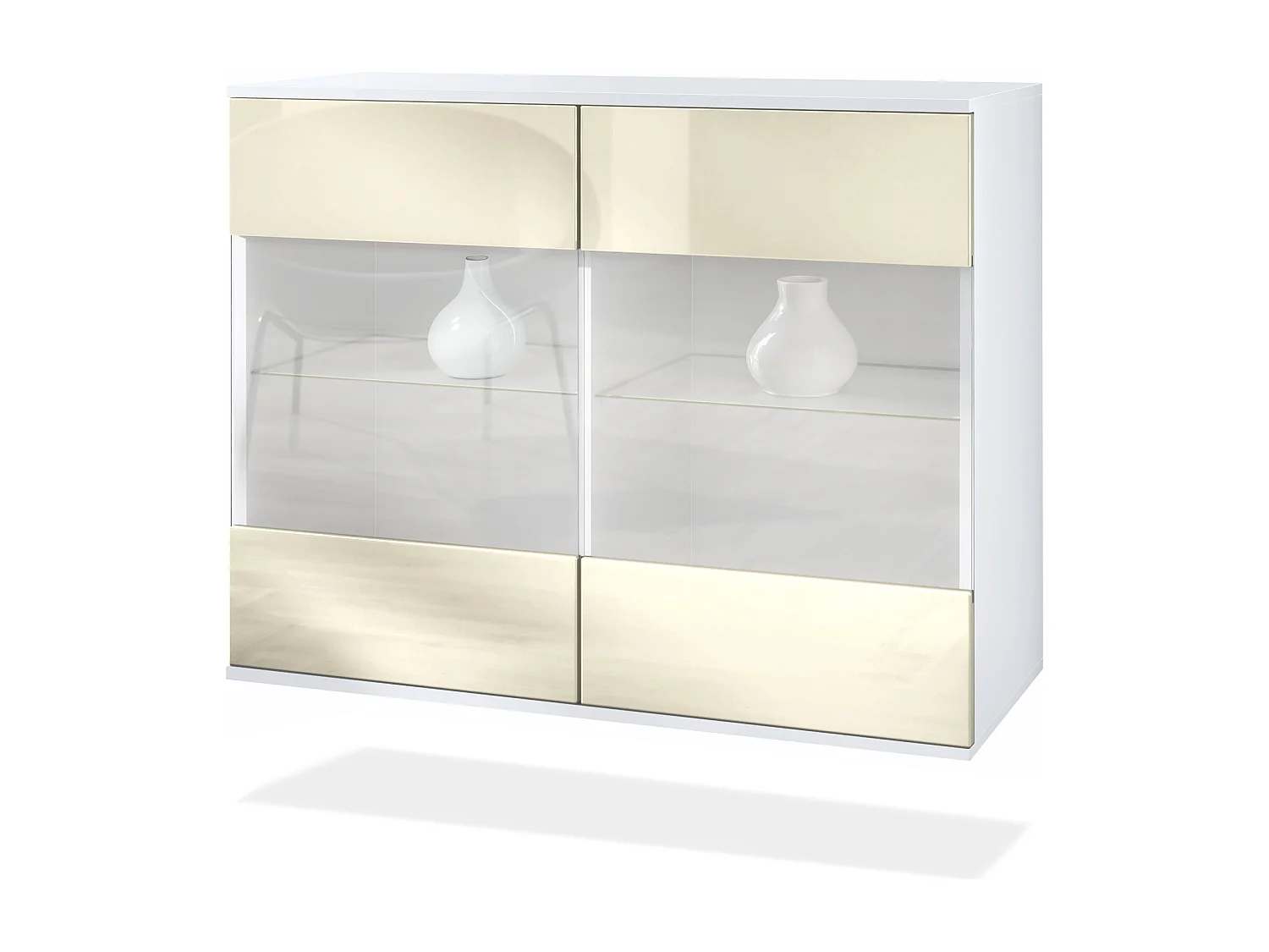 Commode Bari V3, Armoire de cuisine moderne avec 2 grandes portes vitrées blanc mat / crème haute brillance (92,5 x 73.5 x 35)
