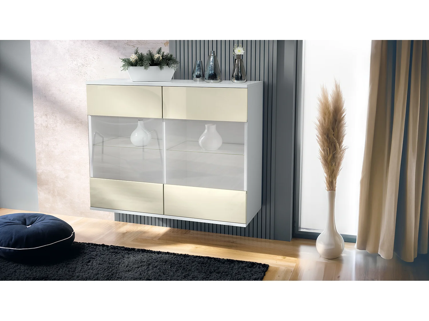 Cómoda Bari V3, Moderno armario de cocina con 2 grandes puertas de cristal blanco mate / crema de alto brillo (92,5 x 73.5 x 35)