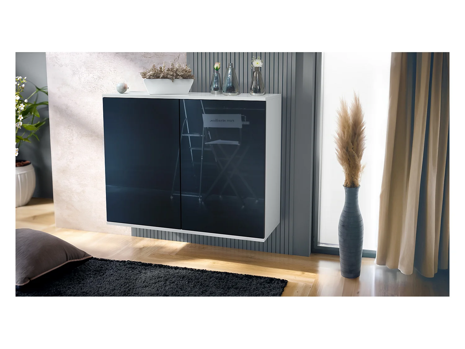 Aparador Skadu V3, Armario de Cocina Moderno con 2 Puertas Grandes blanco mate / negro de alto brillo (92,5 x 73.5 x 35)