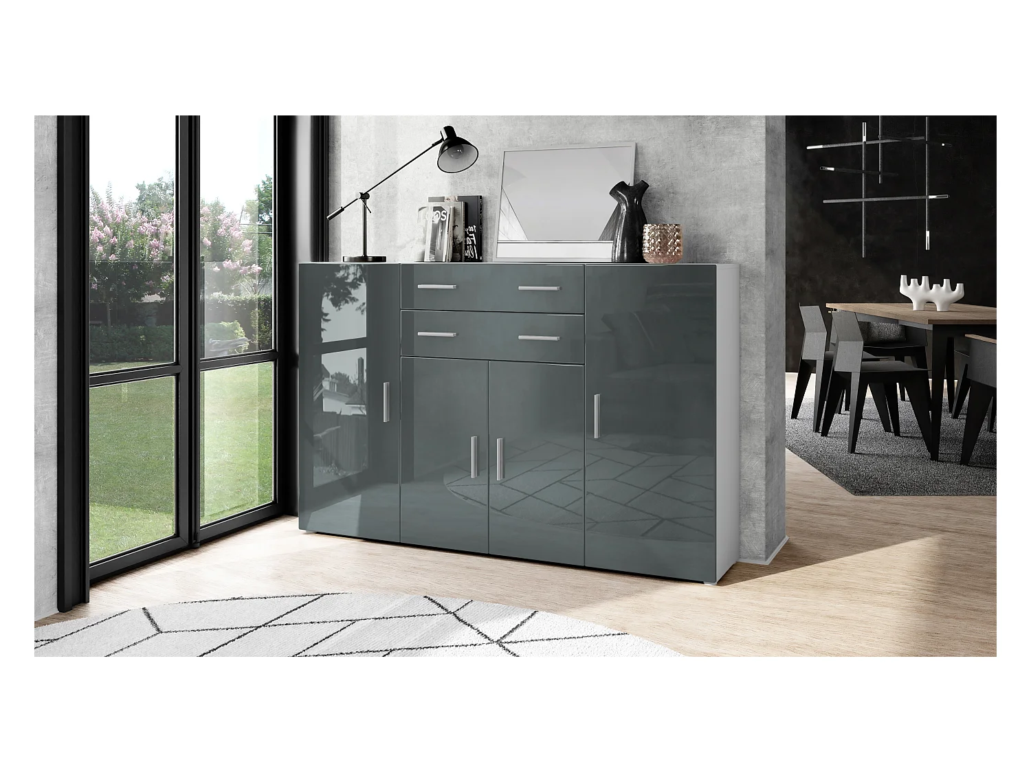 Le Buffet Haut Aron bahut avec 2 tiroirs et 4 portes avec un total de 8 compartiments derrière, blanc mat/gris haute brillance (166,5 x 106,5 x 35 cm)