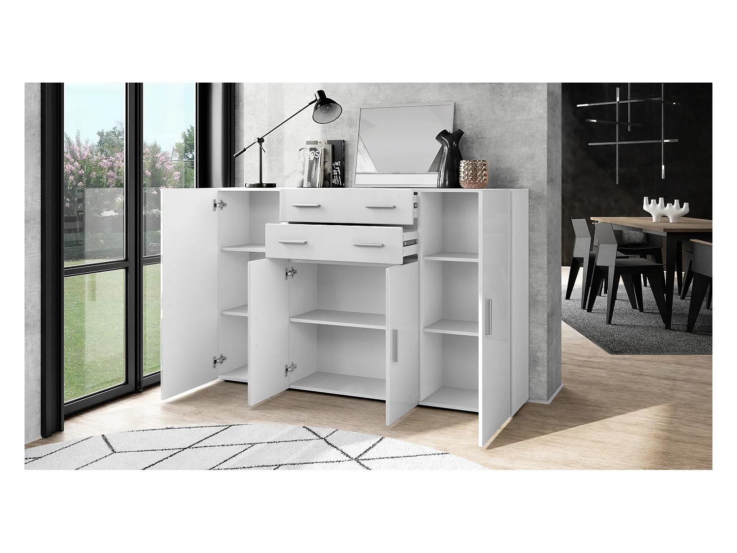 Le Buffet Haut Aron bahut avec 2 tiroirs et 4 portes avec un total de 8 compartiments derrière, blanc mat/gris haute brillance (166,5 x 106,5 x 35 cm)