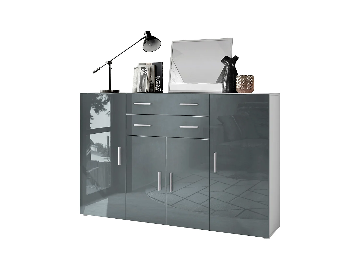 Le Buffet Haut Aron bahut avec 2 tiroirs et 4 portes avec un total de 8 compartiments derrière, blanc mat/gris haute brillance (166,5 x 106,5 x 35 cm)