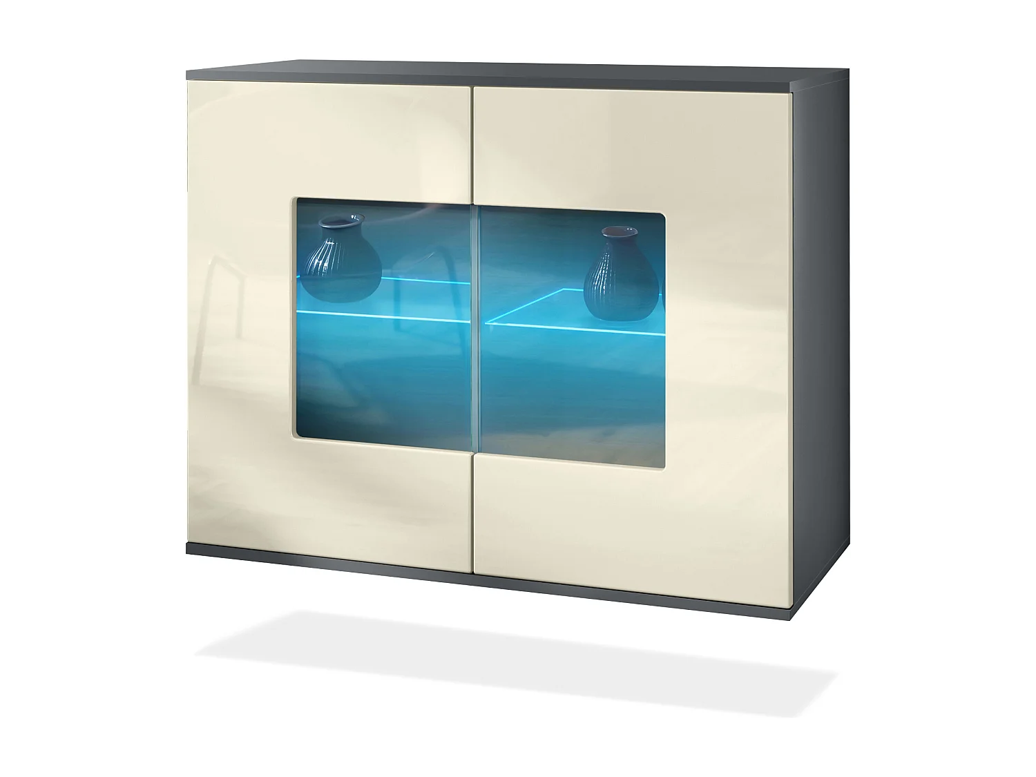 Cómoda Grömitz V3, Moderno armario de cocina con 2 grandes puertas de cristal incl. iluminación RGB antracita mate / crema de alto brillo (92,5 x 73.5 x 35)