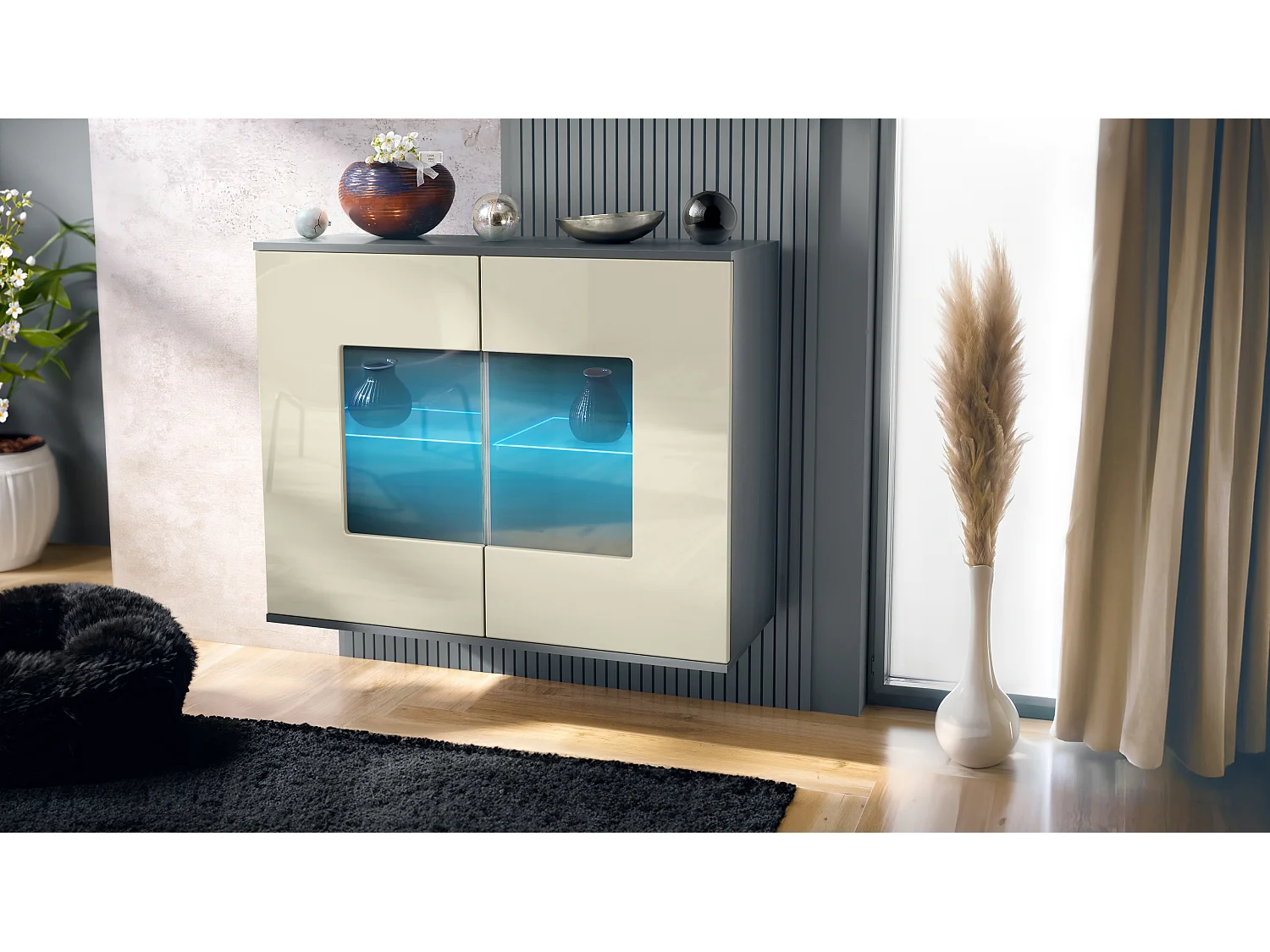 Cómoda Grömitz V3, Moderno armario de cocina con 2 grandes puertas de cristal incl. iluminación RGB antracita mate / crema de alto brillo (92,5 x 73.5 x 35)