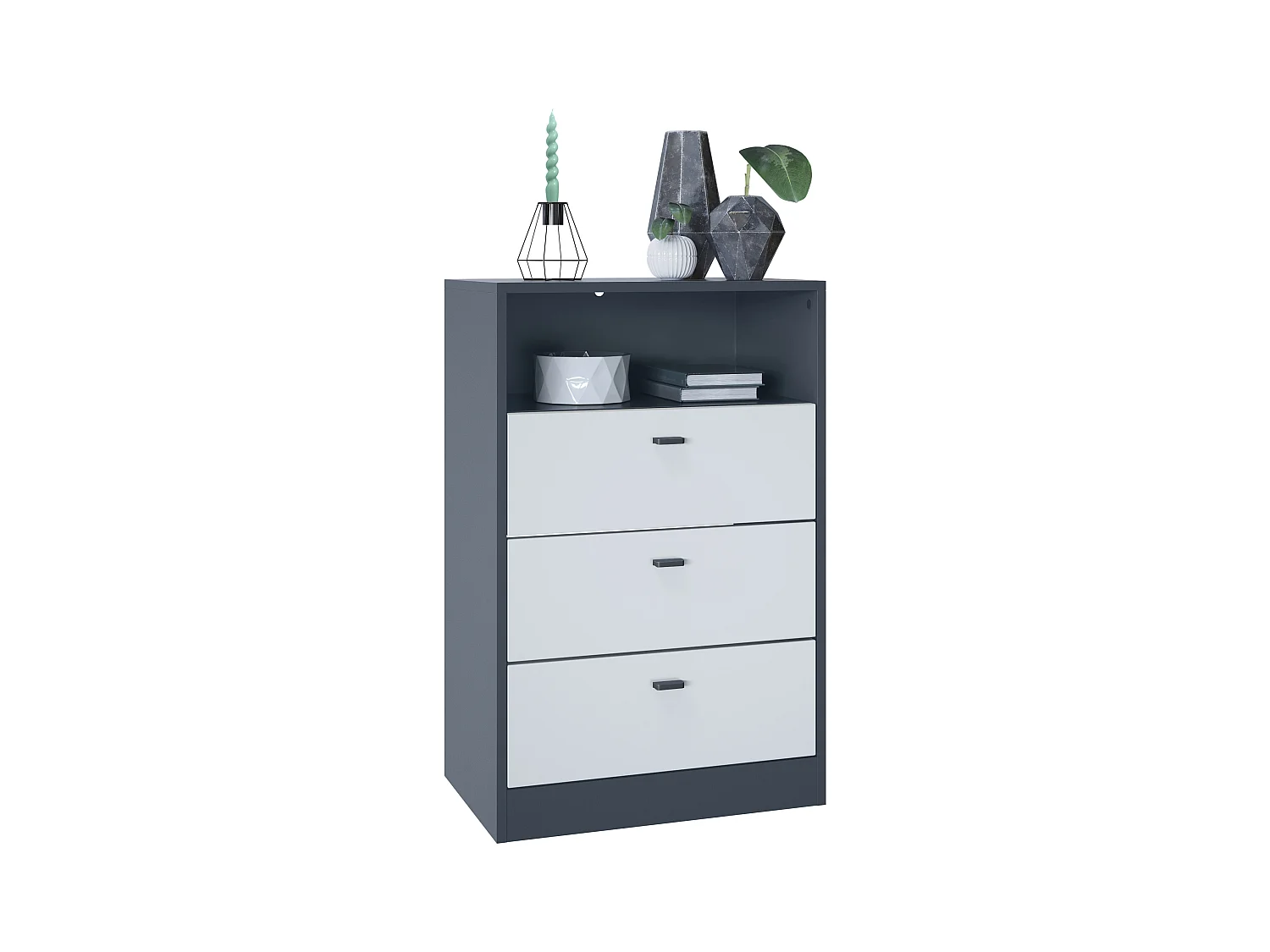 Commode Buffet Pino V2, avec 3 tiroirs & 1 compartiment ouvert, Anthracite mat /Blanc mat sans LED (56 x 86,5 x 36 cm)