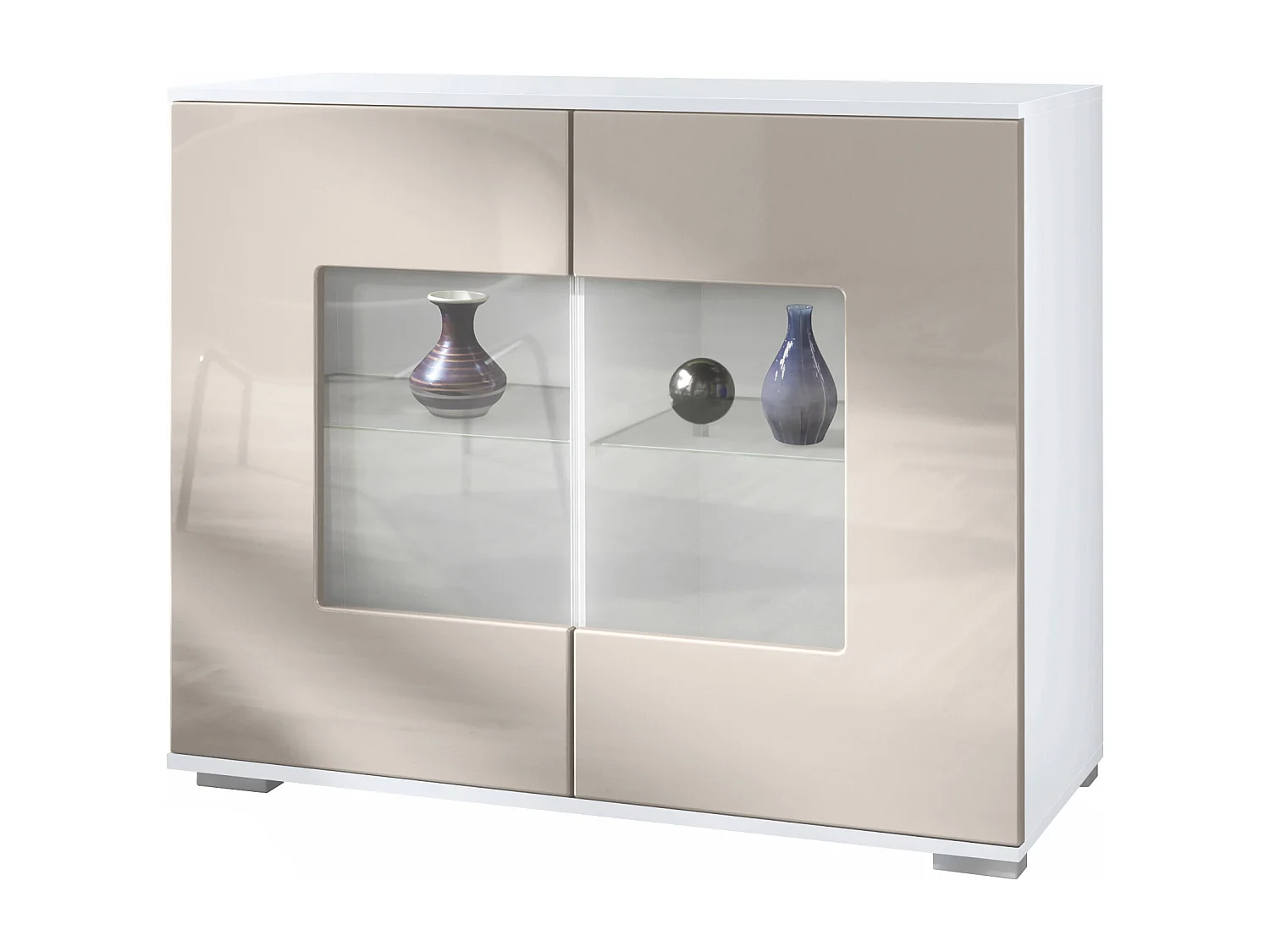 Commode Grömitz V3, Armoire de cuisine moderne avec 2 grandes portes vitrées blanc mat / gris sable haute brillance (92,5 x 75.5 x 35)