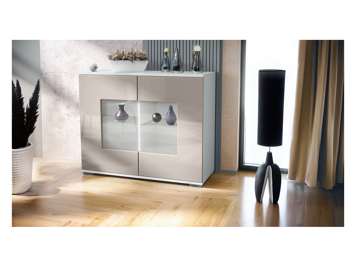 Commode Grömitz V3, Armoire de cuisine moderne avec 2 grandes portes vitrées blanc mat / gris sable haute brillance (92,5 x 75.5 x 35)