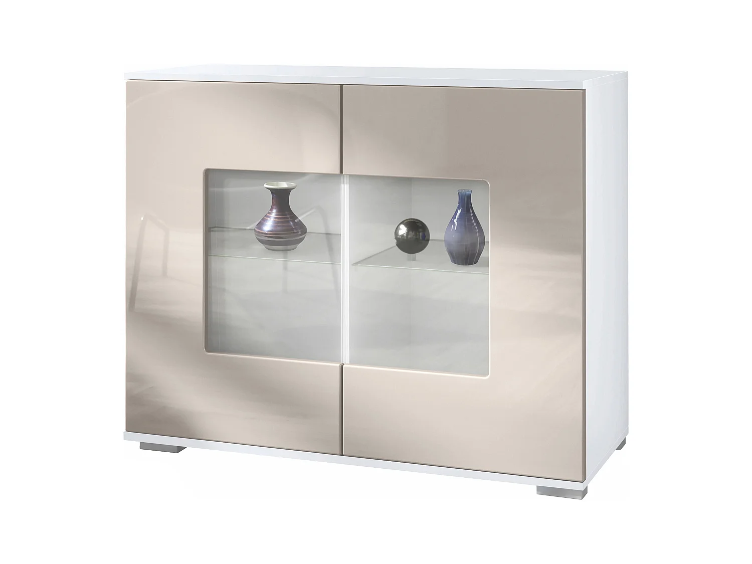Commode Grömitz V3, Armoire de cuisine moderne avec 2 grandes portes vitrées blanc mat / gris sable haute brillance (92,5 x 75.5 x 35)