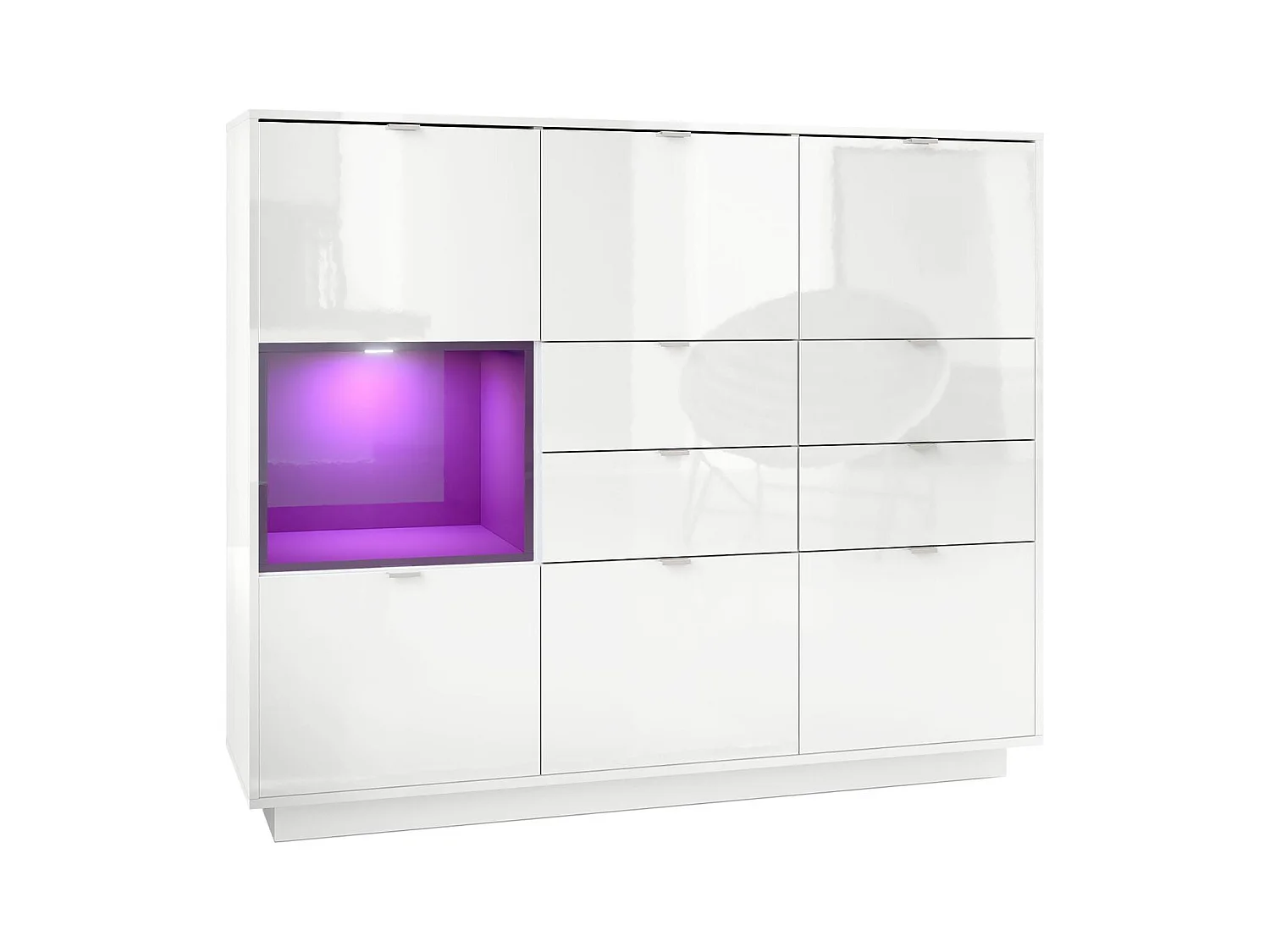 Buffet haut Armoire Metro V2, Corps en Blanc haute brillance / Façades en Blanc haute brillance avec une insertion en Mûre haute brillance, incl. L'éclairage LED