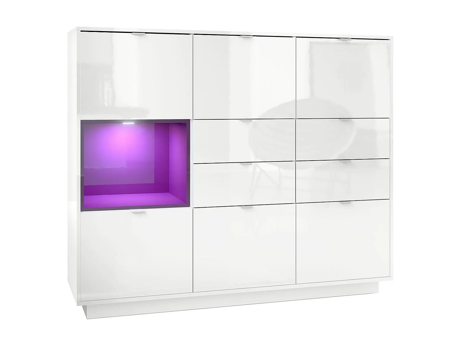 Credenza Metro V2, struttura in bianco lucido / frontale in bianco lucido con inserto in violetto-porpora lucido, illuminazione a LED inclusa.