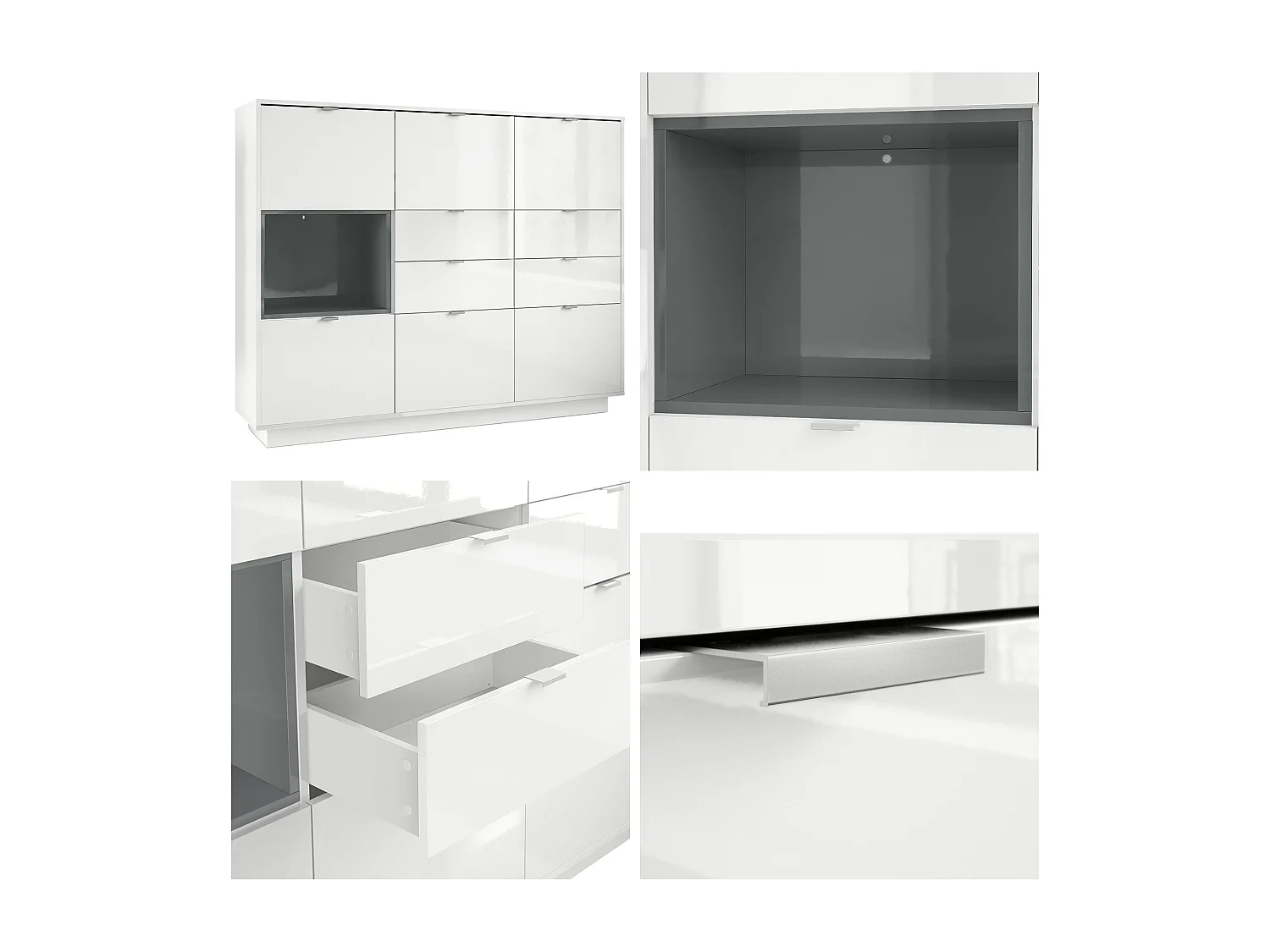 Credenza Metro V2, struttura in bianco lucido / frontale in bianco lucido con inserto in violetto-porpora lucido, illuminazione a LED inclusa.