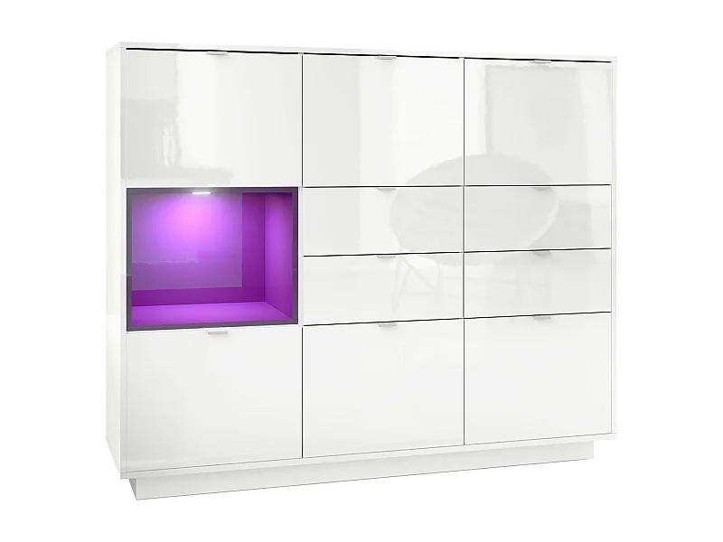 Buffet haut Armoire Metro V2, Corps en Blanc haute brillance / Façades en Blanc haute brillance avec une insertion en Mûre haute brillance, incl. L'éclairage LED