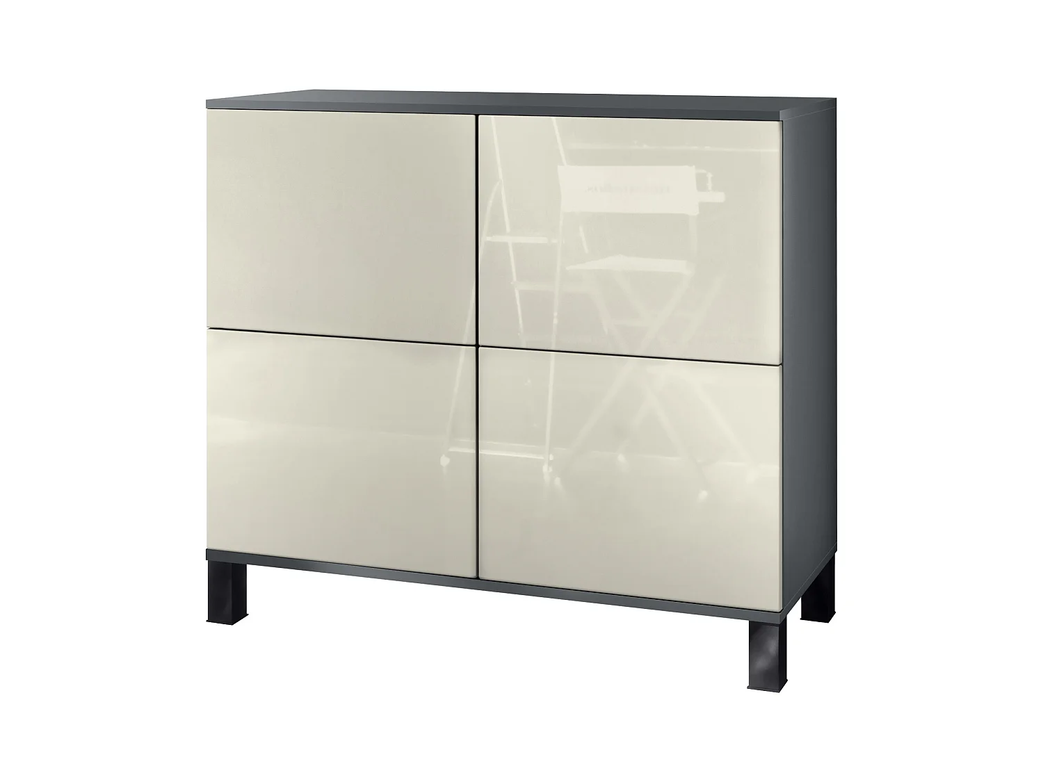 Buffet Rova V3 – Meuble de cuisine moderne avec 4 portes Push-to-Open anthracite mat / crème haute brillance (92,5 x 84.5 x 35)