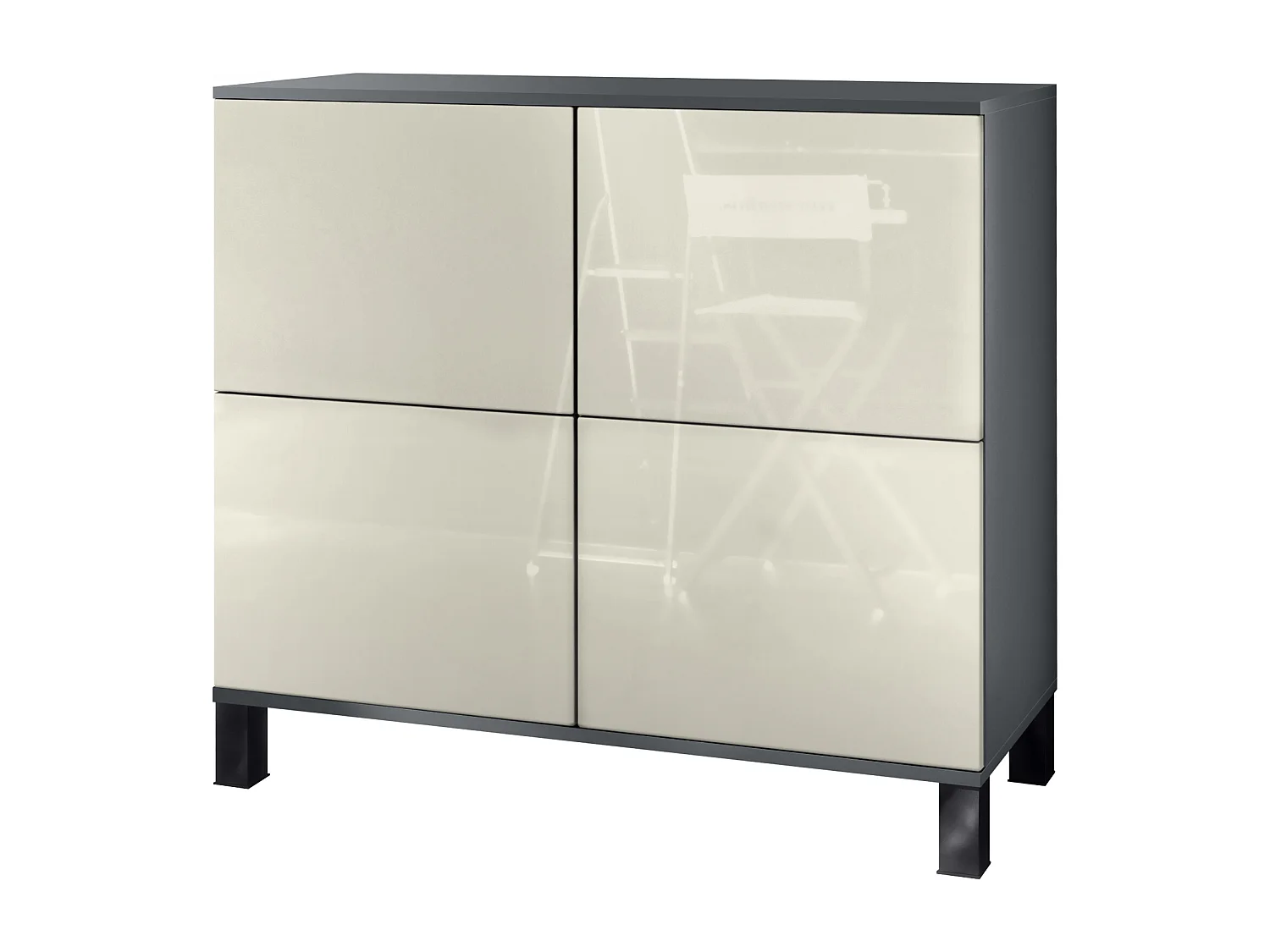 Credenza Rova V3 – Mobile da cucina moderno con 4 ante Push-to-Open antracite opaco  / beige lucido (92,5 x 84.5 x 35)
