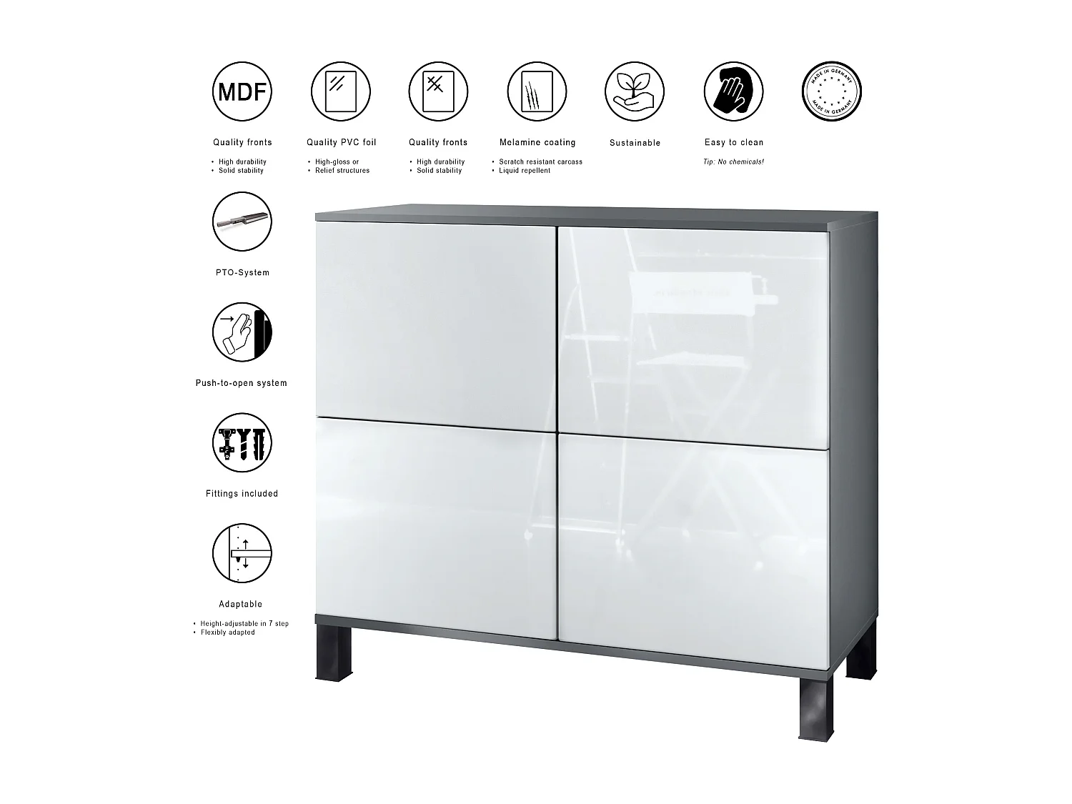 Credenza Rova V3 – Mobile da cucina moderno con 4 ante Push-to-Open antracite opaco  / beige lucido (92,5 x 84.5 x 35)