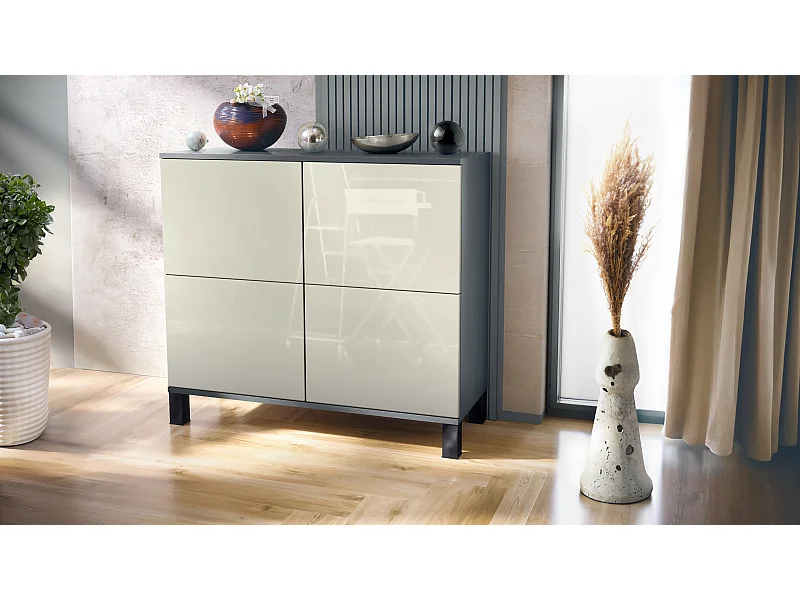 Buffet Rova V3 – Meuble de cuisine moderne avec 4 portes Push-to-Open anthracite mat / crème haute brillance (92,5 x 84.5 x 35)
