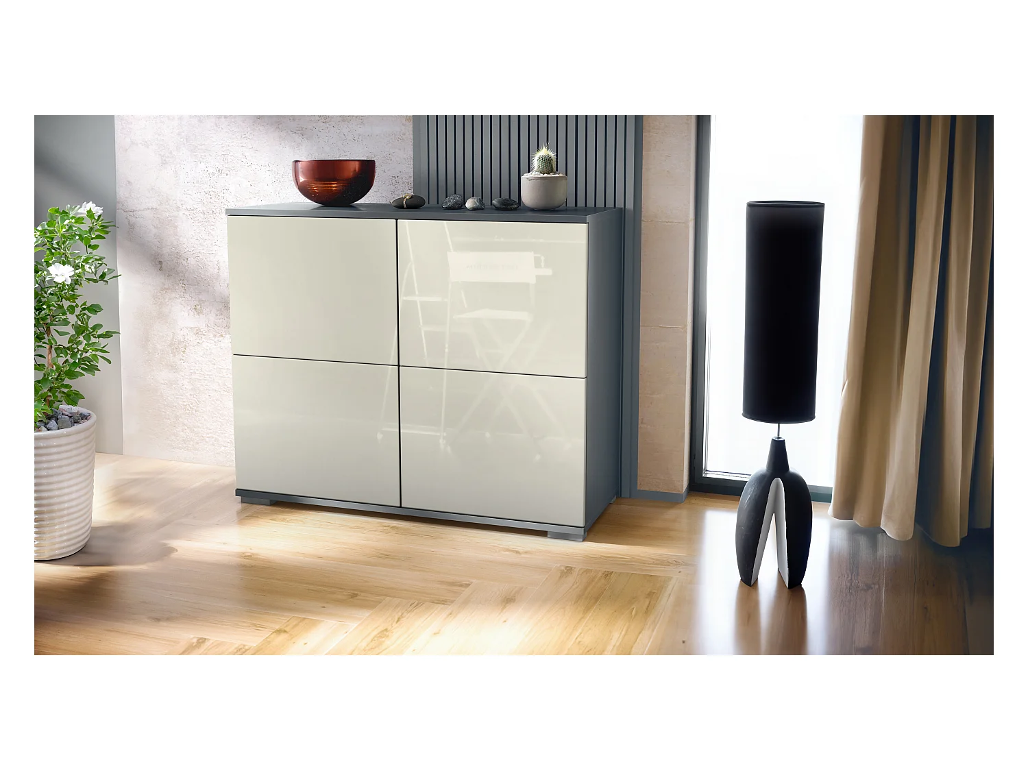 Buffet Rova V3 – Meuble de cuisine moderne avec 4 portes Push-to-Open anthracite mat / crème haute brillance (92,5 x 75.5 x 35)