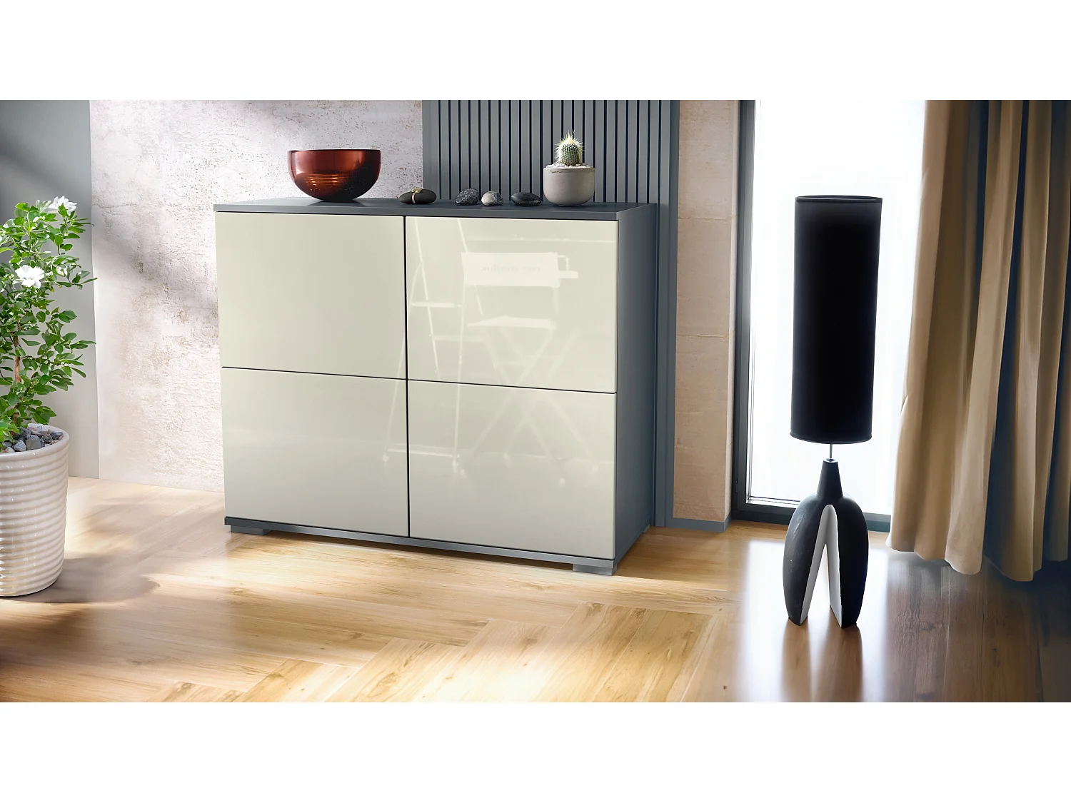 Credenza Rova V3 – Mobile da cucina moderno con 4 ante Push-to-Open antracite opaco  / beige lucido (92,5 x 75.5 x 35)