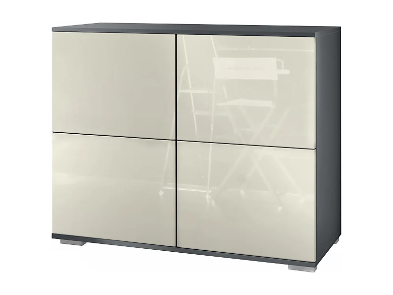 Buffet Rova V3 – Meuble de cuisine moderne avec 4 portes Push-to-Open anthracite mat / crème haute brillance (92,5 x 75.5 x 35)