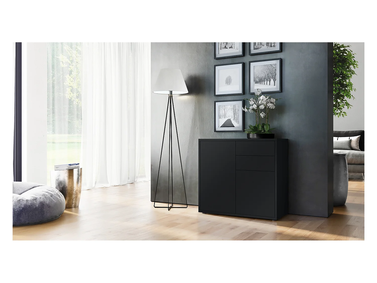 Vladon Cajonera Ben, Cómoda con 2 Puertas y 2 Cajones Negro mate/Negro mate (79 x 74 x 36 cm)