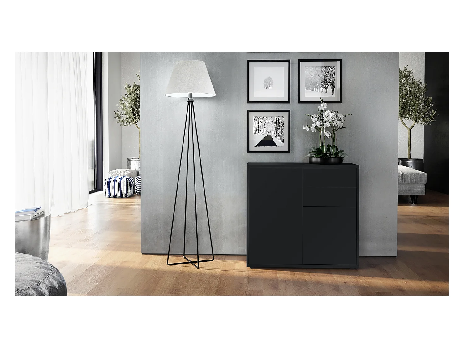 Vladon Cajonera Ben, Cómoda con 2 Puertas y 2 Cajones Negro mate/Negro mate (79 x 74 x 36 cm)