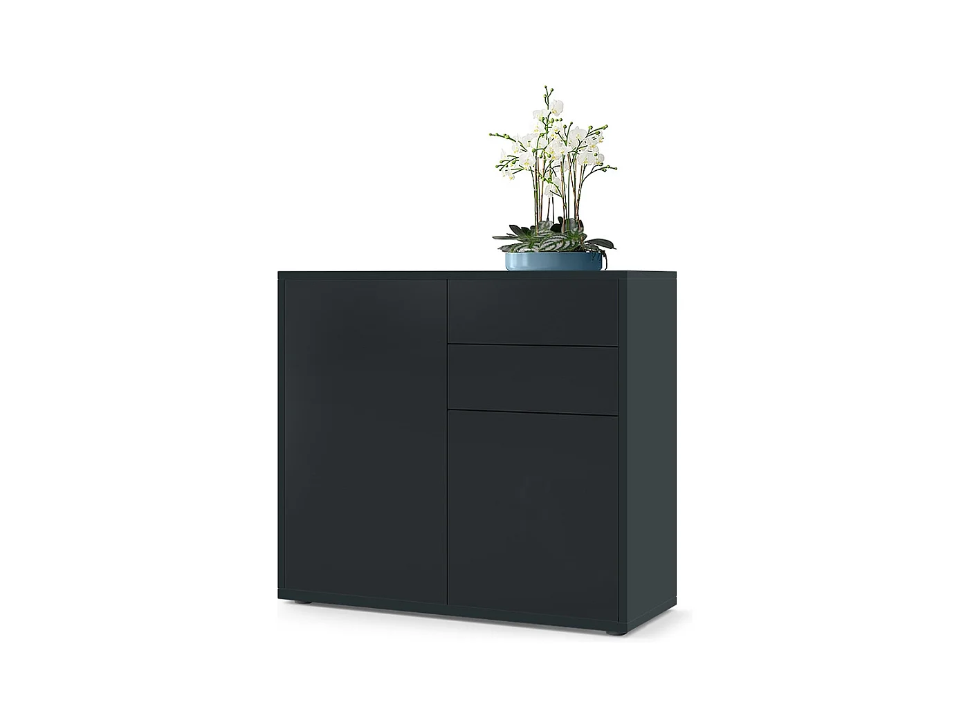 Buffet Ben, Commode avec 2 portes et 2 tiroirs, Noir mat/Noir mat (79 x 74 x 36 cm)