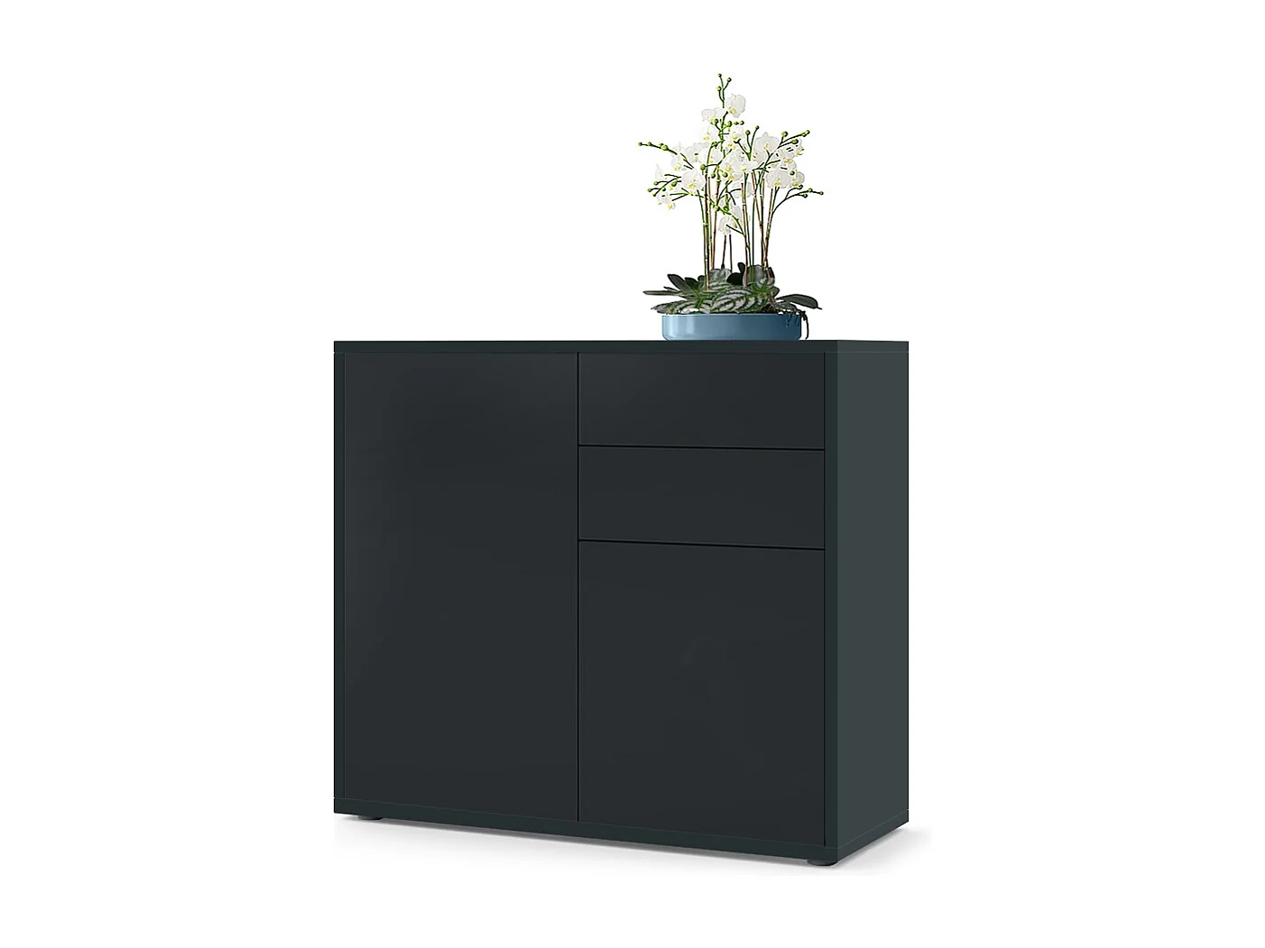 Buffet Ben, Commode avec 2 portes et 2 tiroirs, Noir mat/Noir mat (79 x 74 x 36 cm)