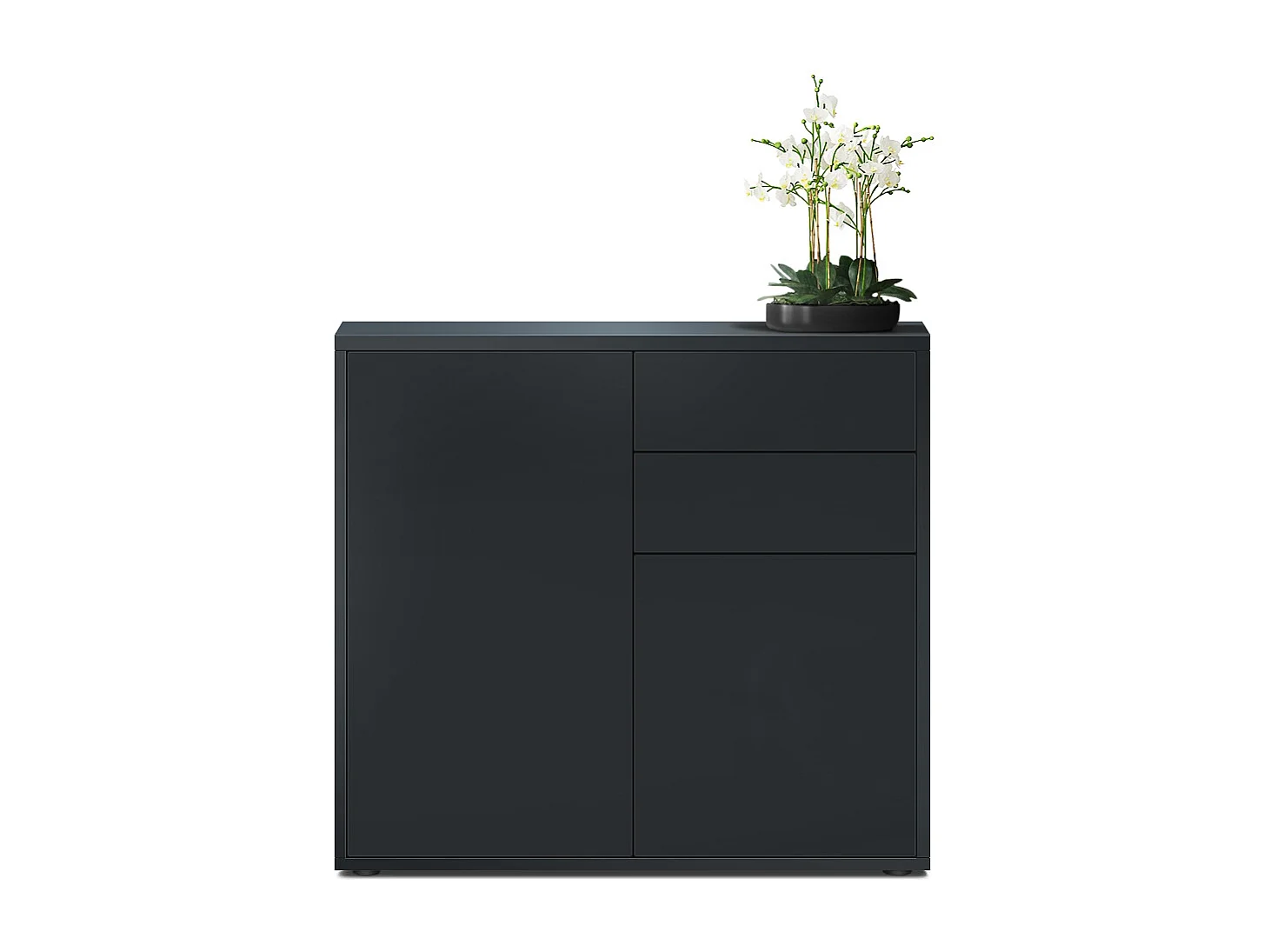 Buffet Ben, Commode avec 2 portes et 2 tiroirs, Noir mat/Noir mat (79 x 74 x 36 cm)