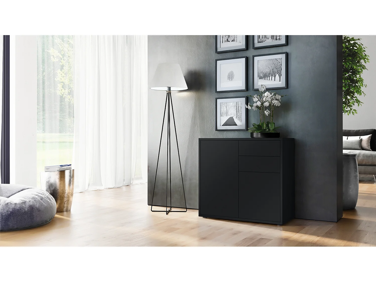 Buffet Ben, Commode avec 2 portes et 2 tiroirs, Noir mat/Noir mat (79 x 74 x 36 cm)