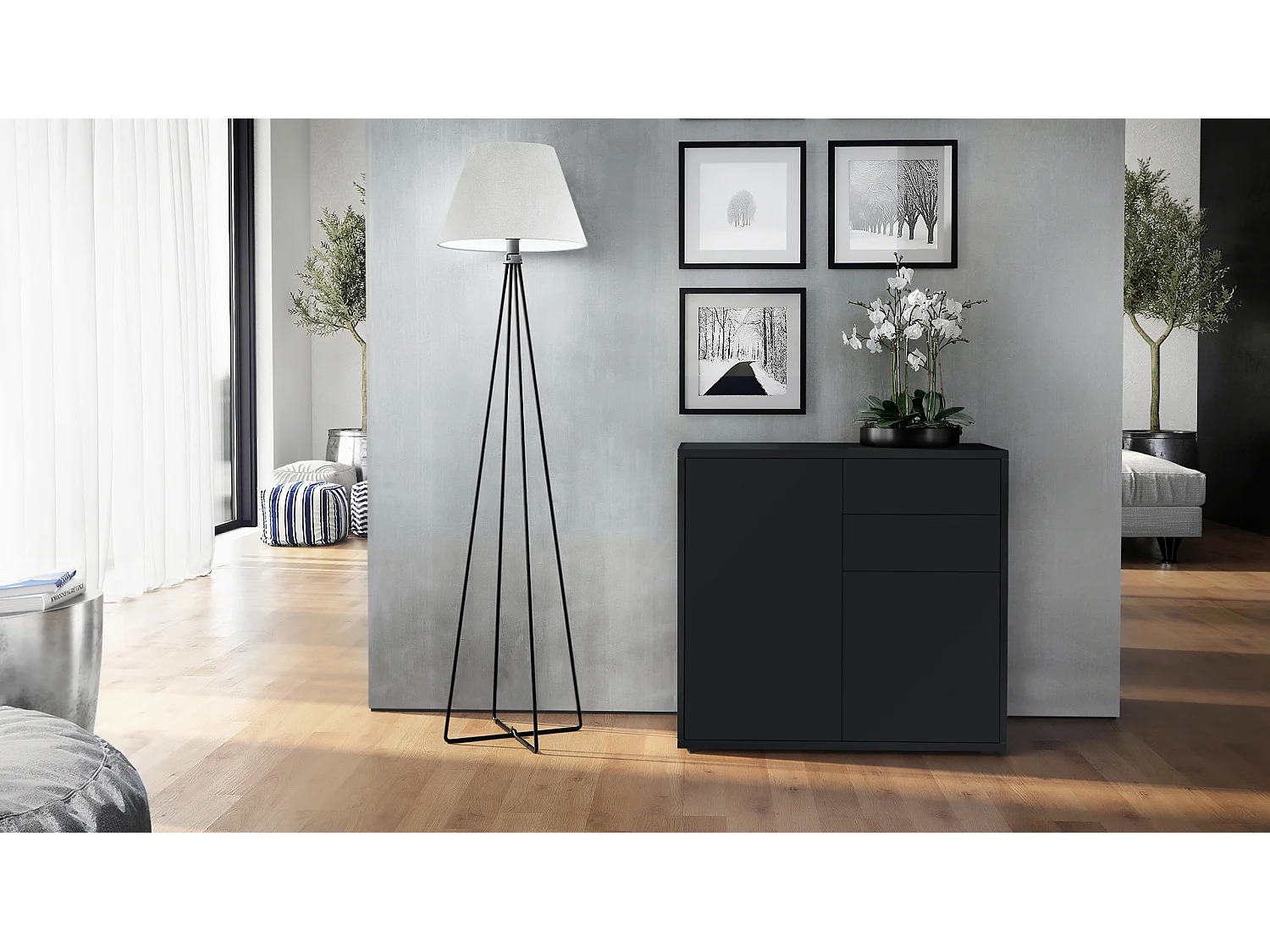 Buffet Ben, Commode avec 2 portes et 2 tiroirs, Noir mat/Noir mat (79 x 74 x 36 cm)