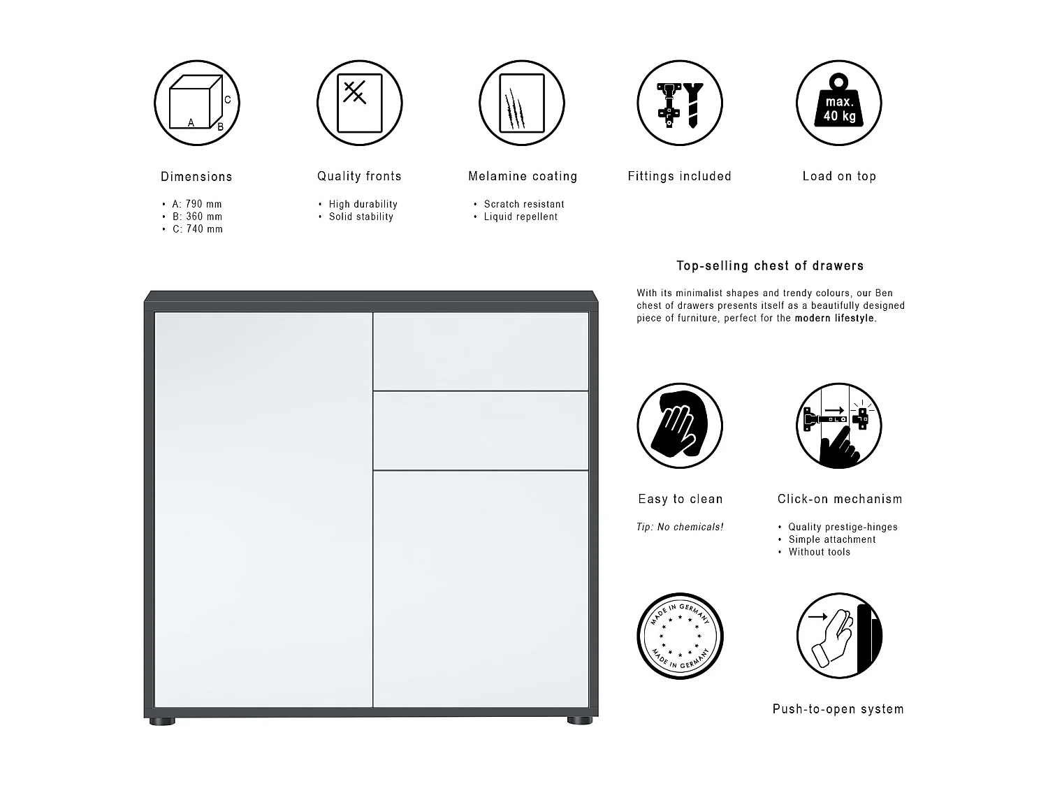 Buffet Ben, Commode avec 2 portes et 2 tiroirs, Noir mat/Noir mat (79 x 74 x 36 cm)