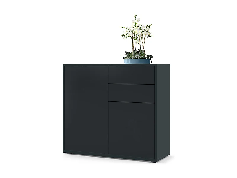 Buffet Ben, Commode avec 2 portes et 2 tiroirs, Noir mat/Noir mat (79 x 74 x 36 cm)