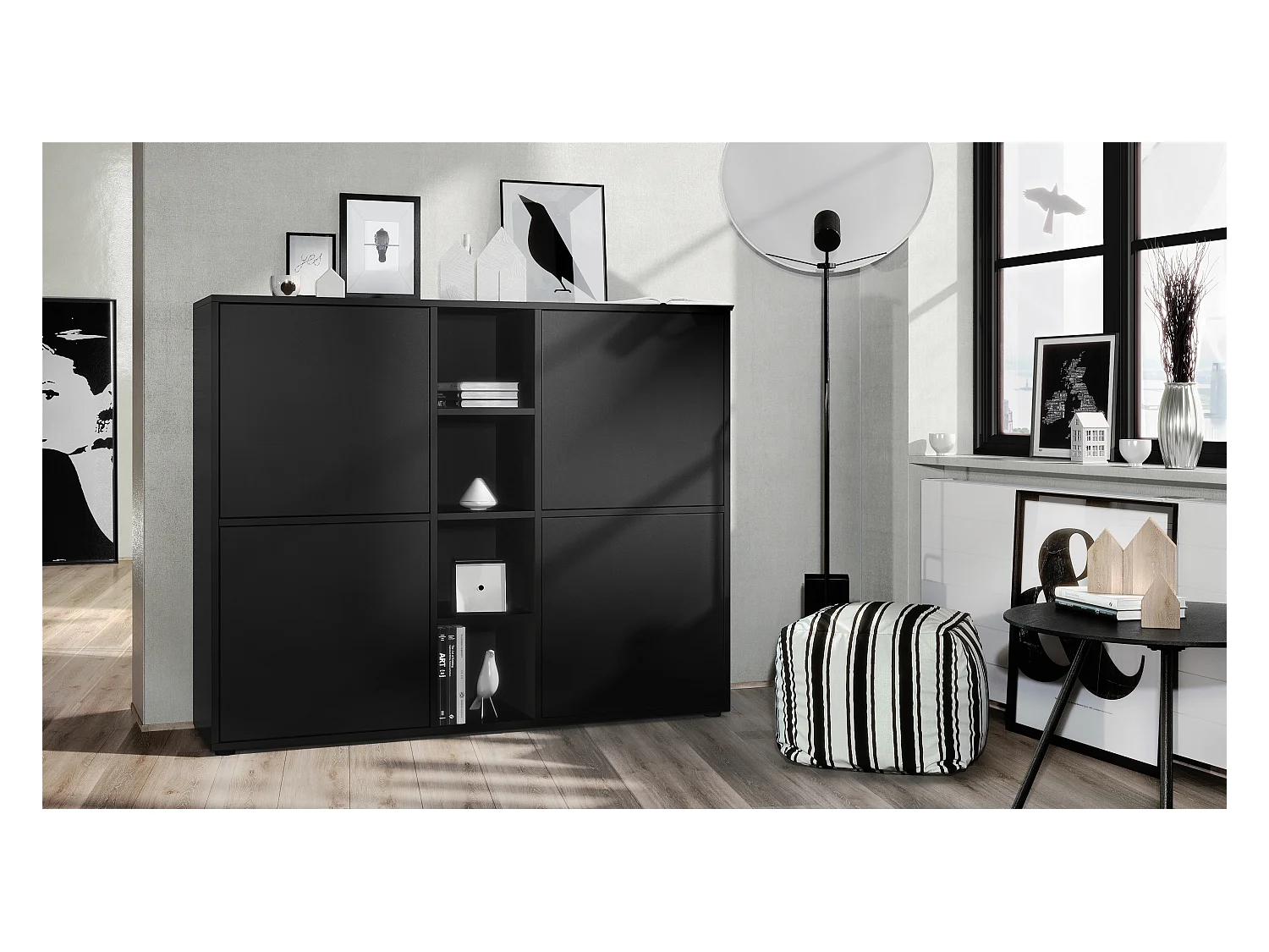 Highboard Cuba V3, noir mat/noir mat - Buffet moderne à 12 compartiments (130,5 x 105,5 x 35,5 cm)