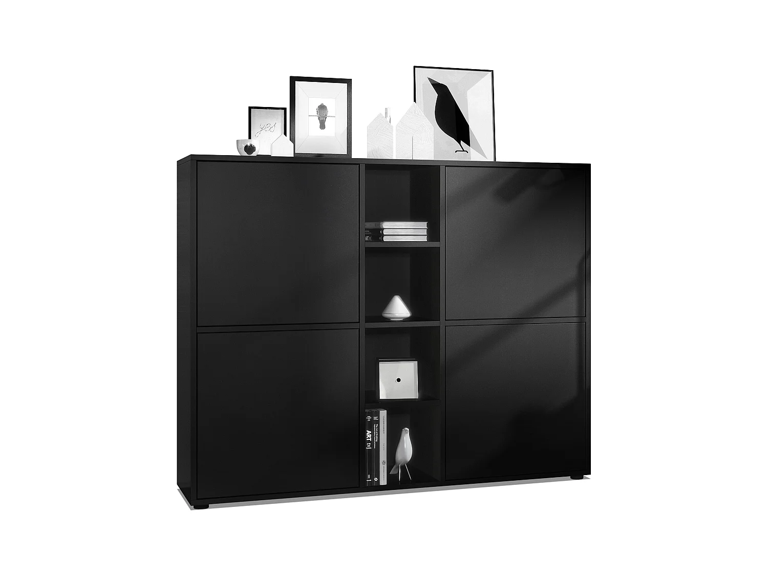 Highboard Cuba V3, noir mat/noir mat - Buffet moderne à 12 compartiments (130,5 x 105,5 x 35,5 cm)