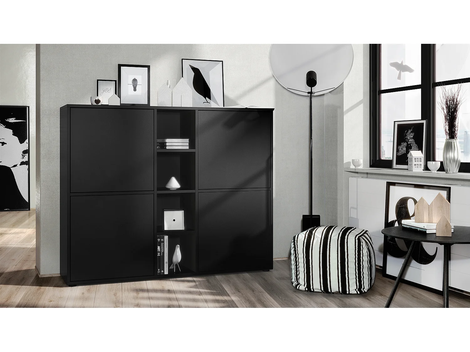 Vladon Credenza Cuba V3, nero opaco/nero opaco - Credenza moderna con 12 scomparti (130,5 x 105,5 x 35,5 cm)