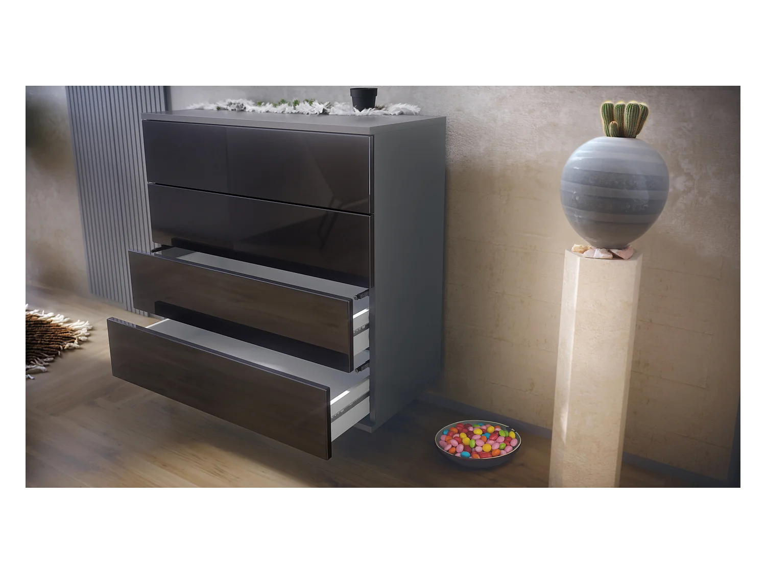 Commode suspendue Pavos V3, Buffet avec 4 tiroirs anthracite mat/blanc mat (76 x 76 x 35 cm)