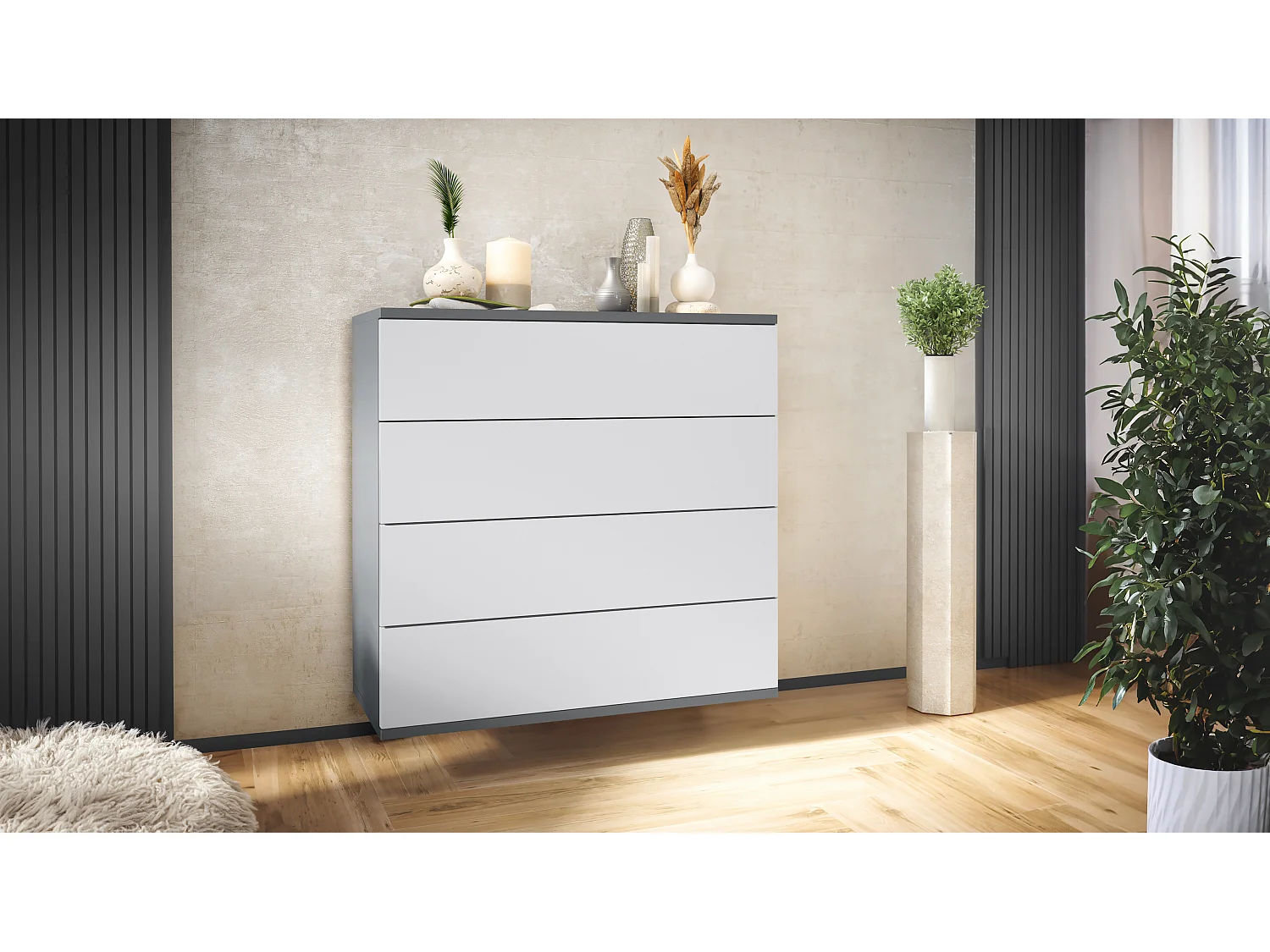 Commode suspendue Pavos V3, Buffet avec 4 tiroirs anthracite mat/blanc mat (76 x 76 x 35 cm)