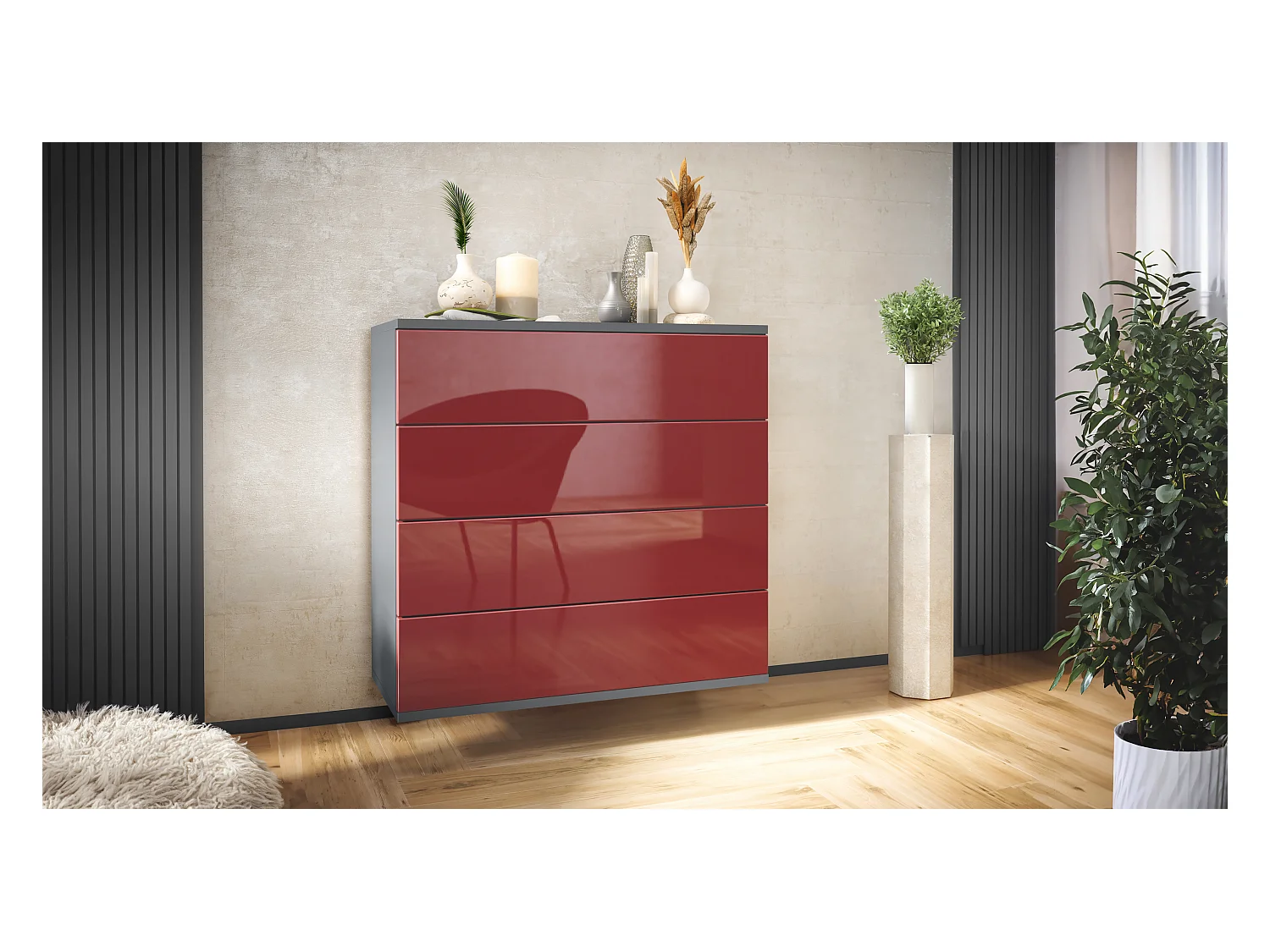 Commode suspendue Pavos V3, Buffet avec 4 tiroirs anthracite mat/bordeaux haute brillance (76 x 76 x 35 cm)