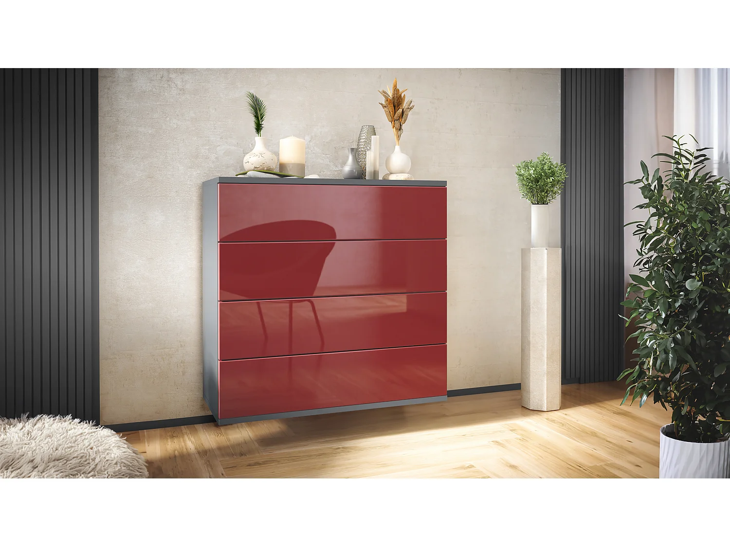 Cassettiera sospesa Pavos V3, Credenza con 4 cassetti antracite opaco /bordeaux lucido (76 x 76 x 35 cm)