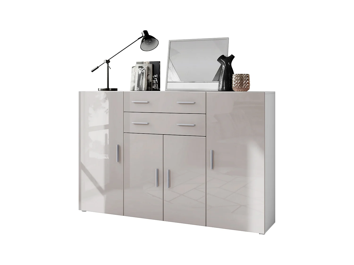 Le Buffet Haut Aron bahut avec 2 tiroirs et 4 portes avec un total de 8 compartiments derrière, blanc mat/gris sable haute brillance (166,5 x 106,5 x 35 cm)