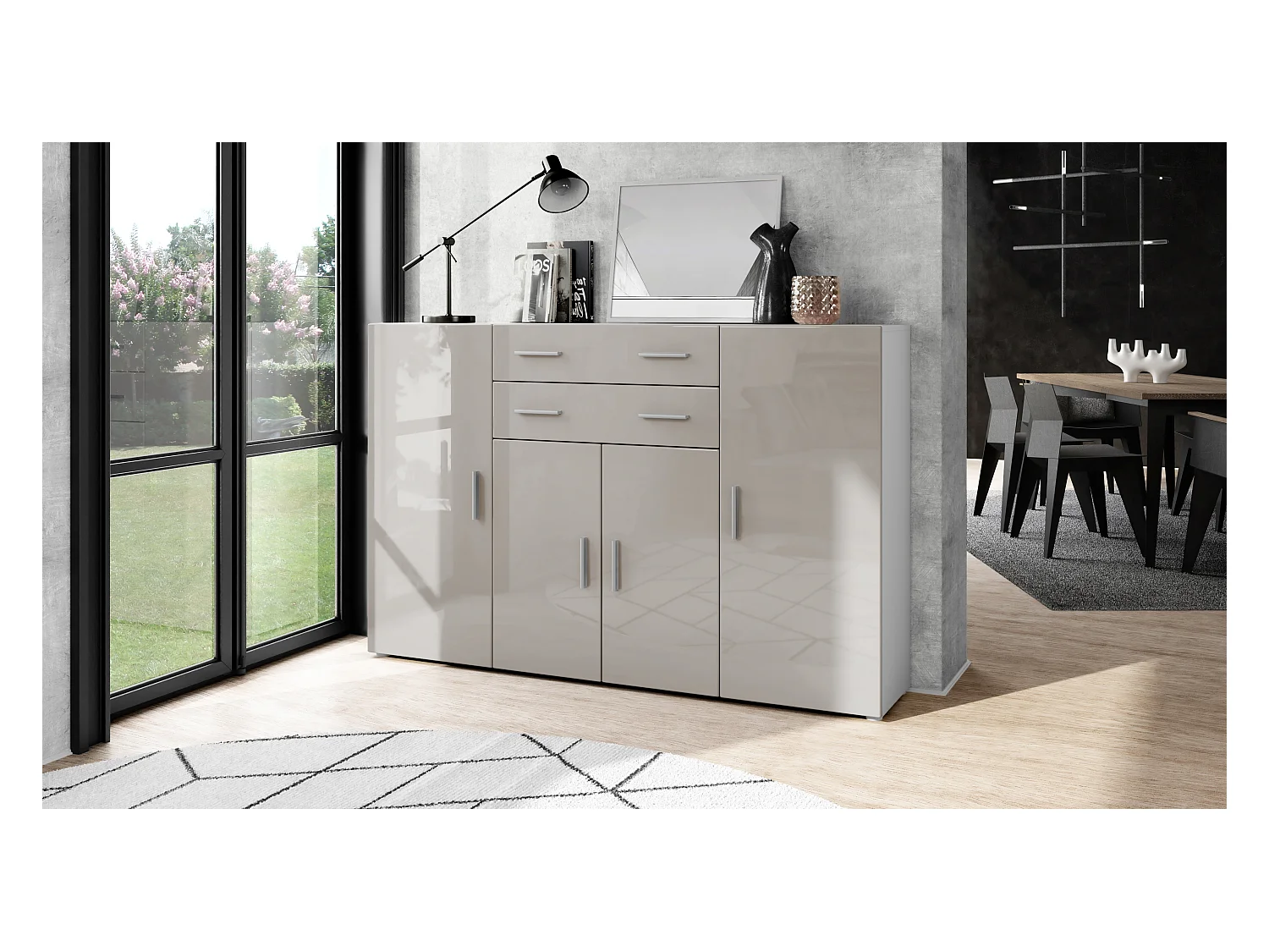 Le Buffet Haut Aron bahut avec 2 tiroirs et 4 portes avec un total de 8 compartiments derrière, blanc mat/gris sable haute brillance (166,5 x 106,5 x 35 cm)