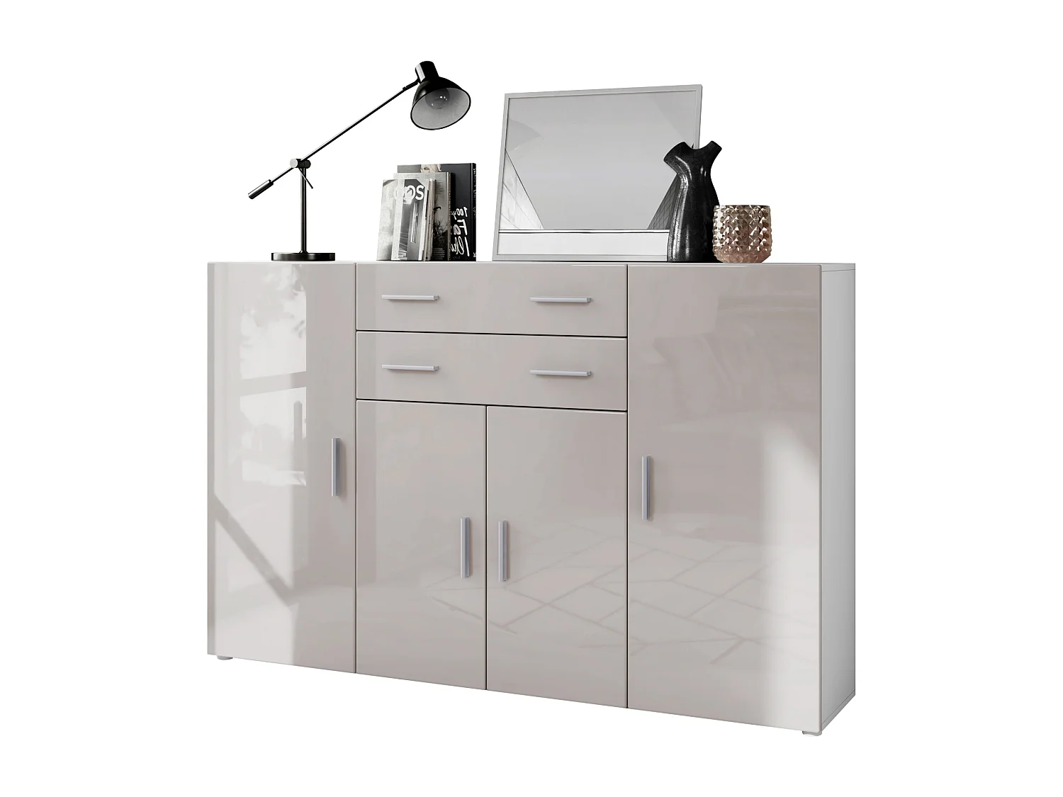 Highboard Aron Sideboard with 2 drawers and 4 doors with a total of 8 compartments behind, bianco opaco/grigio sabbia lucido (166.5 x 106.5 x 35 cm)