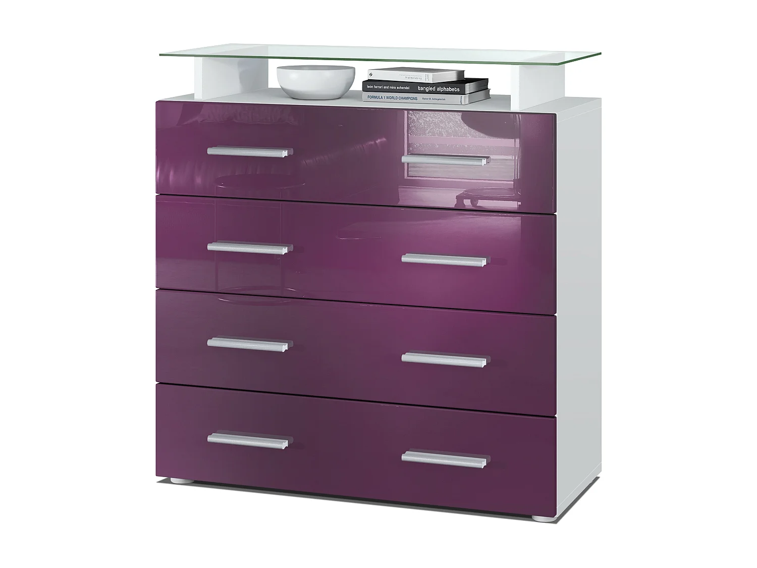 Buffet Pavos V2, Commode avec 4 tiroirs et mini-étagère en verre, blanc mat/mûre haute brillance (76 x 81 x 35 cm)