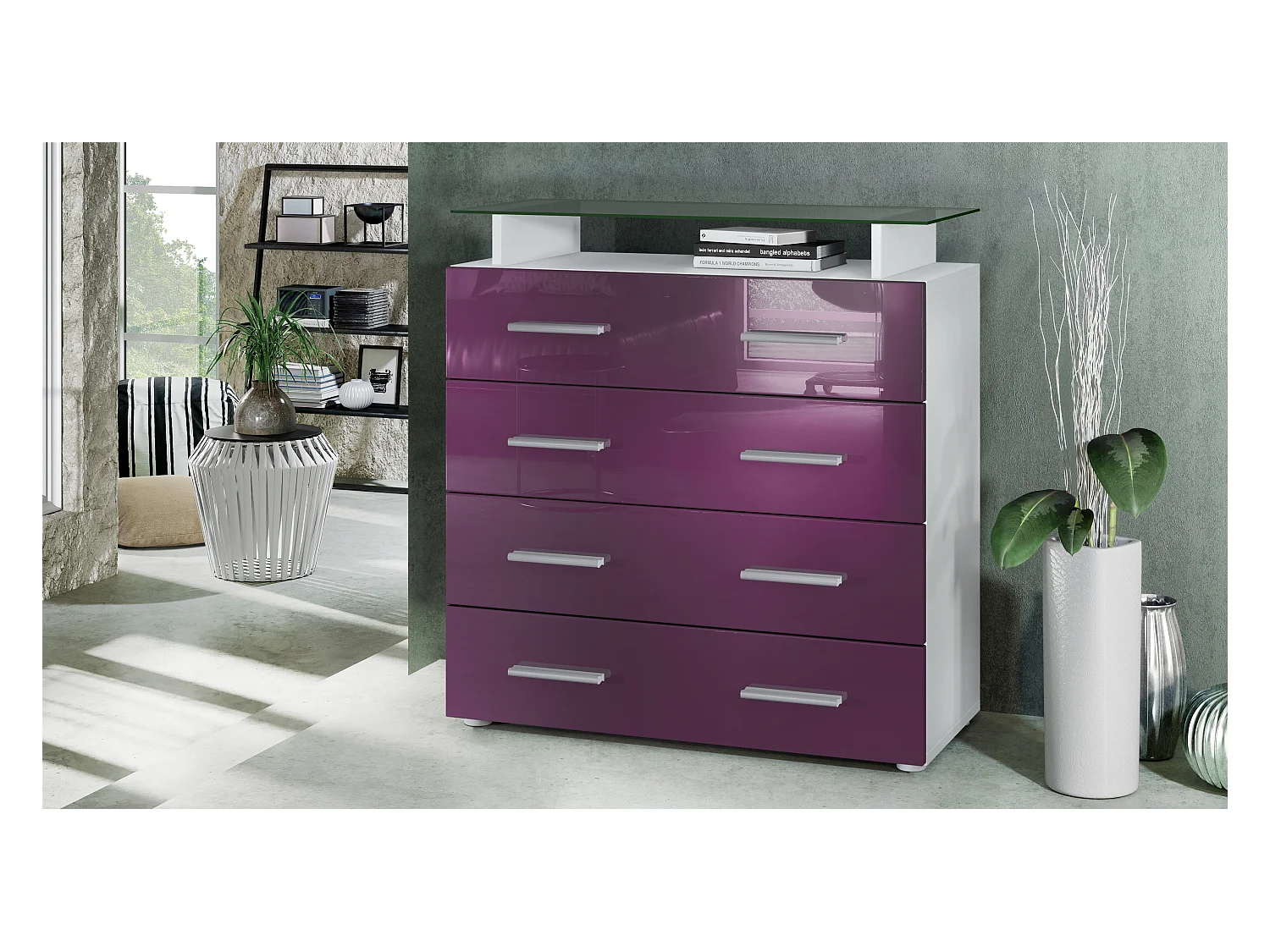 Buffet Pavos V2, Commode avec 4 tiroirs et mini-étagère en verre, blanc mat/mûre haute brillance (76 x 81 x 35 cm)