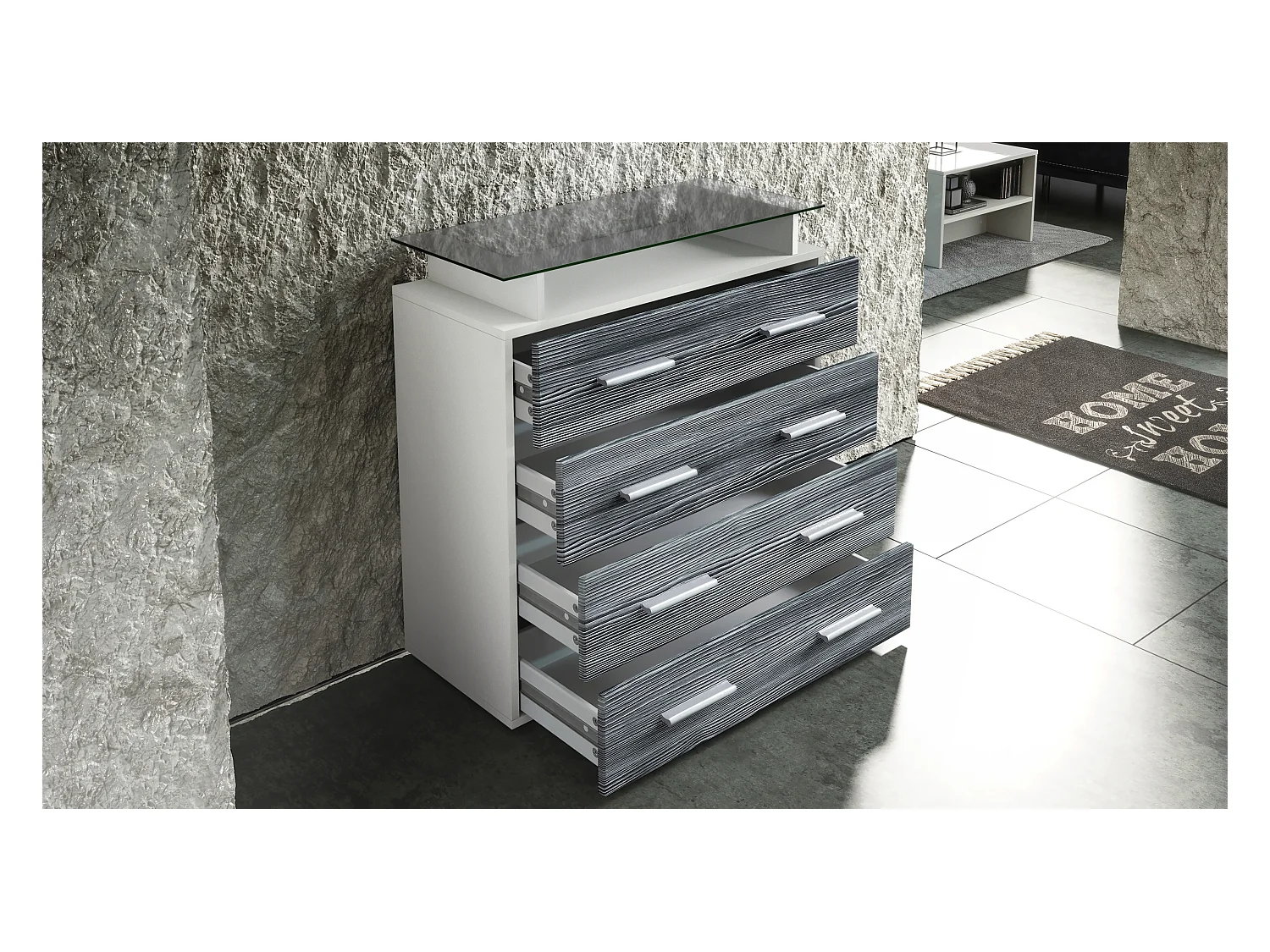 Buffet Pavos V2, Commode avec 4 tiroirs et mini-étagère en verre, blanc mat/mûre haute brillance (76 x 81 x 35 cm)