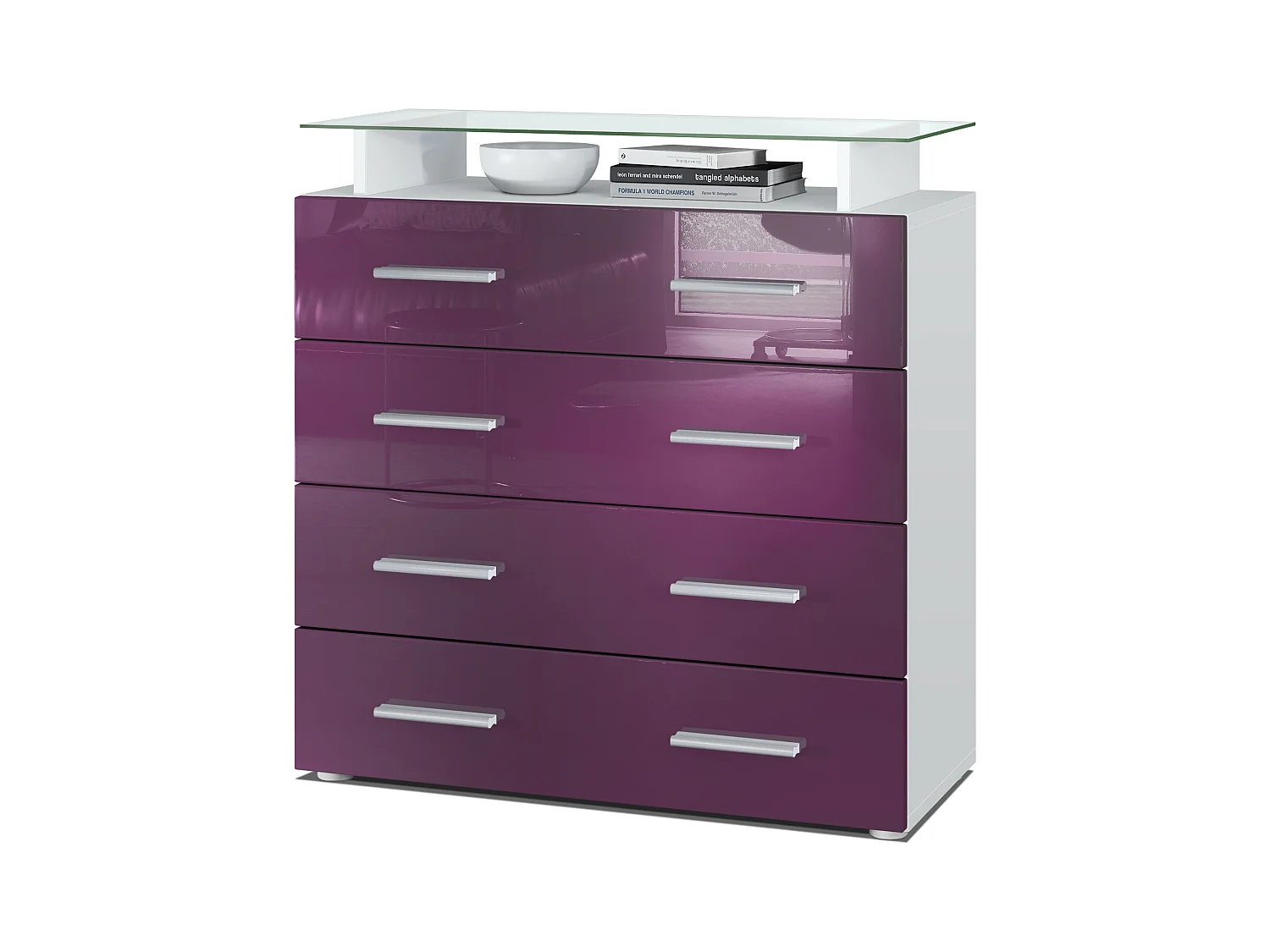 Buffet Pavos V2, Commode avec 4 tiroirs et mini-étagère en verre, blanc mat/mûre haute brillance (76 x 81 x 35 cm)