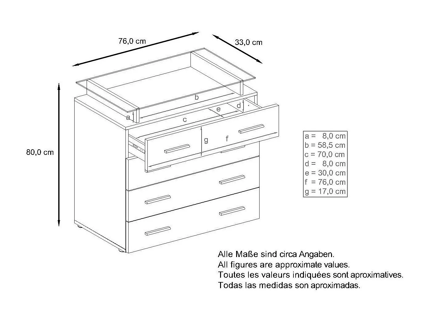 Buffet Pavos V2, Commode avec 4 tiroirs et mini-étagère en verre, blanc mat/mûre haute brillance (76 x 81 x 35 cm)